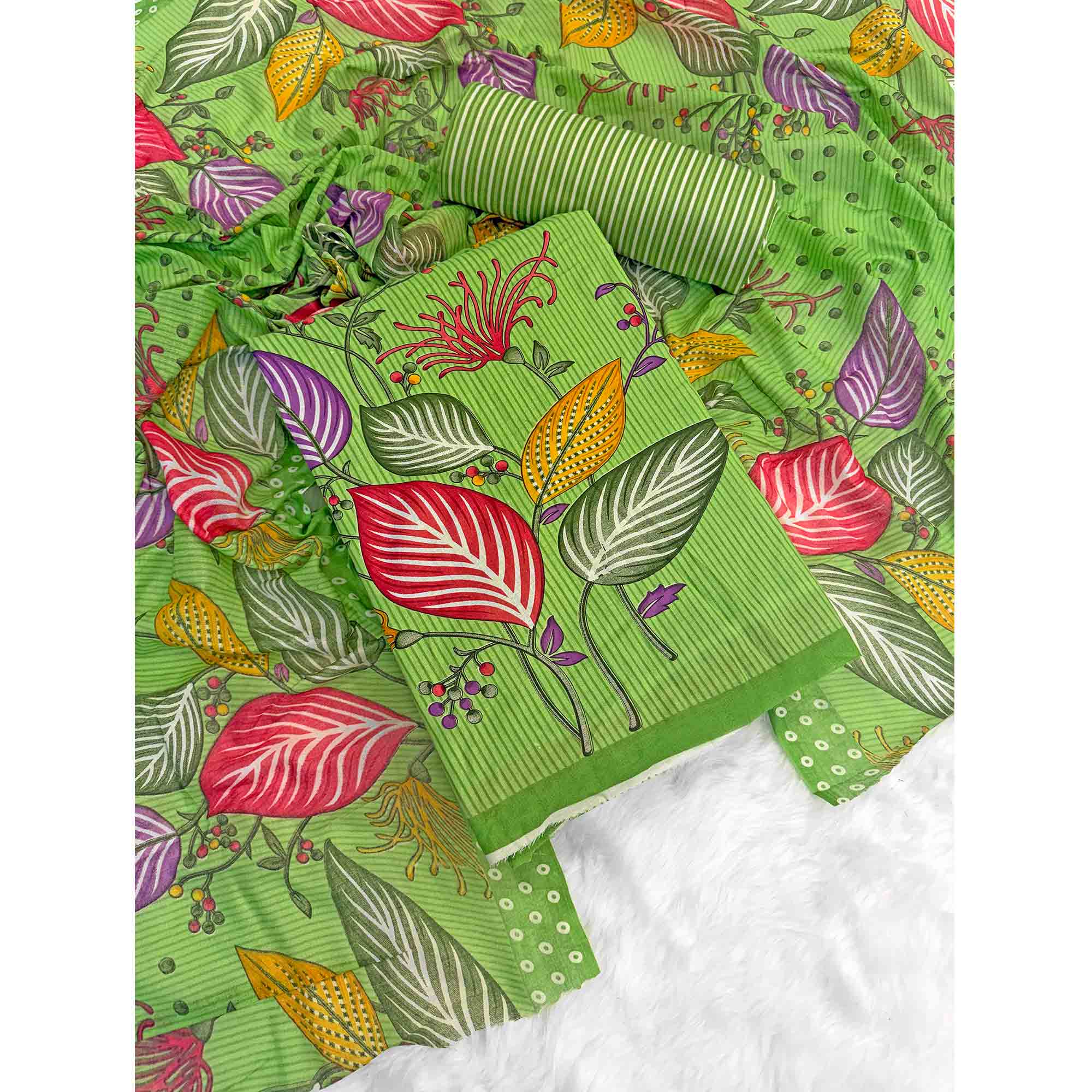 Green Floral & Striped Printed Pure Cotton Dress Material With Elegant Detailing