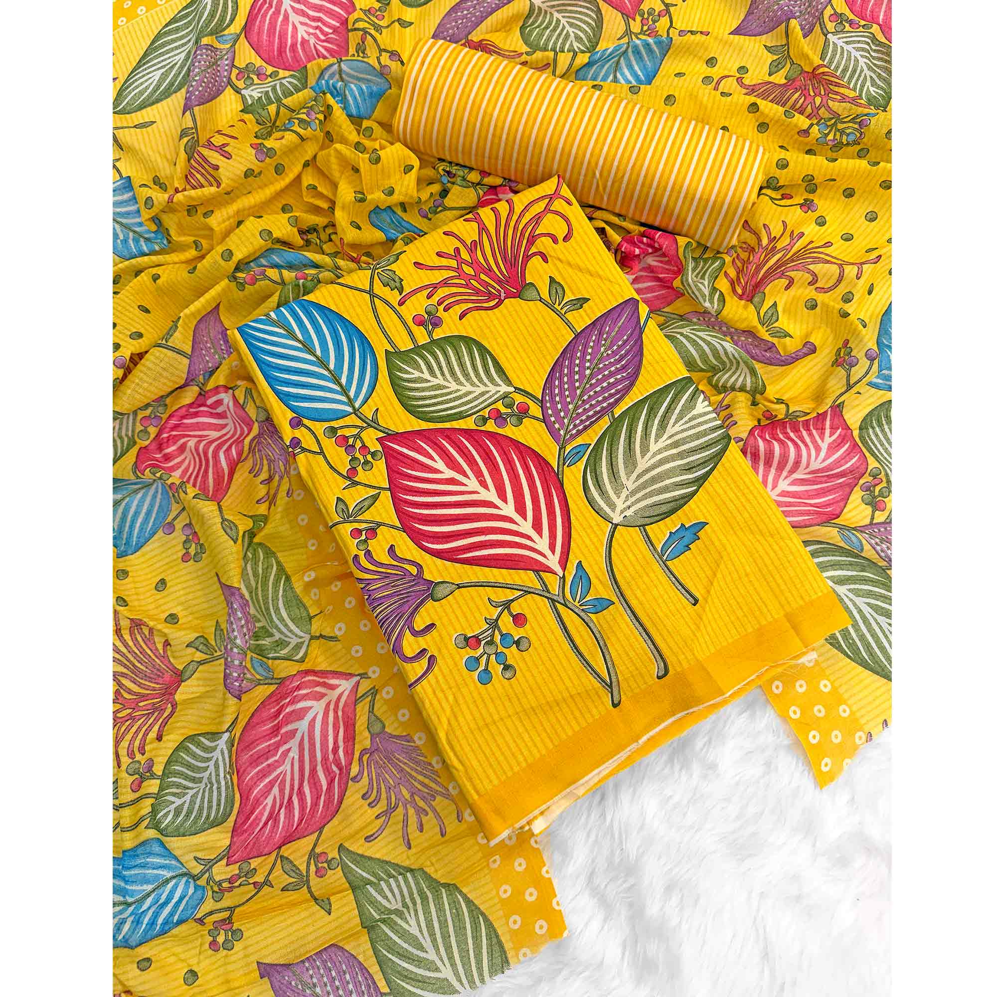 Yellow Floral & Striped Printed Pure Cotton Dress Material With Elegant Detailing