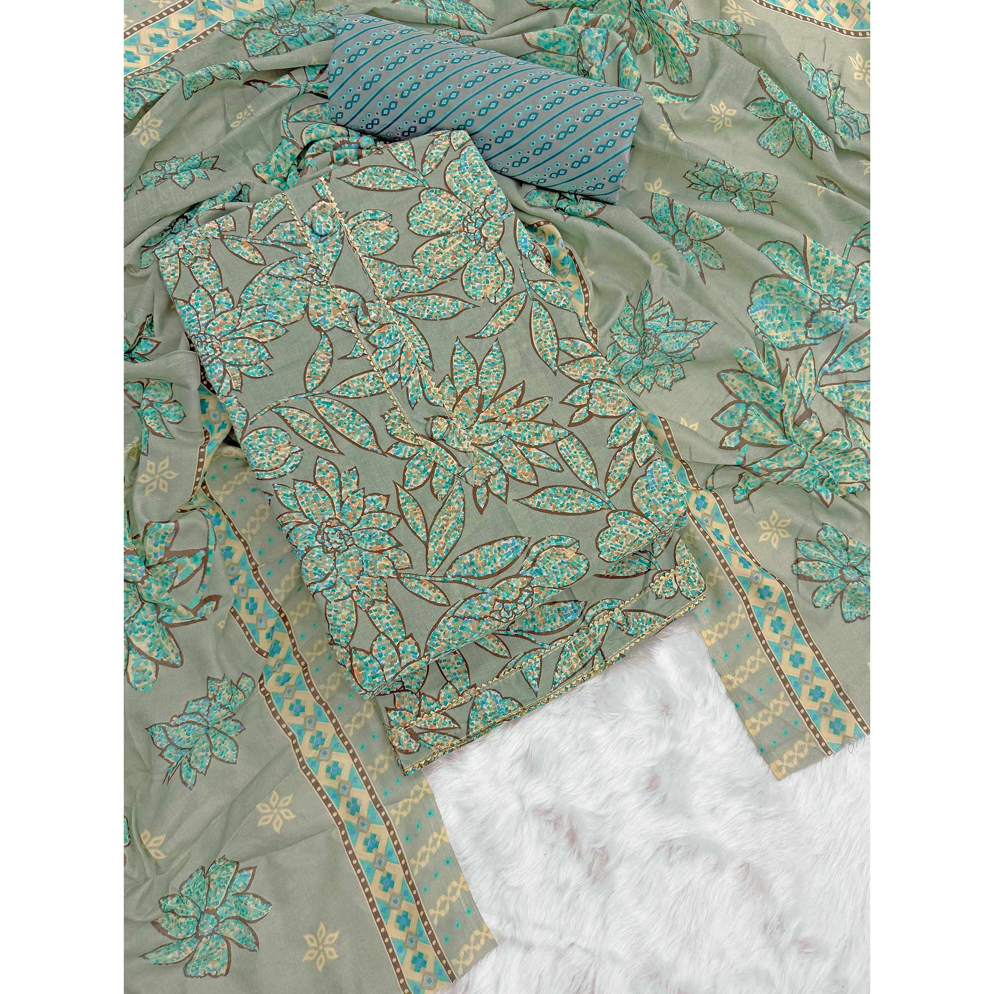 Dusty Sea Green Floral Printed Pure Cotton Dress Material With Elegant Everyday Appeal
