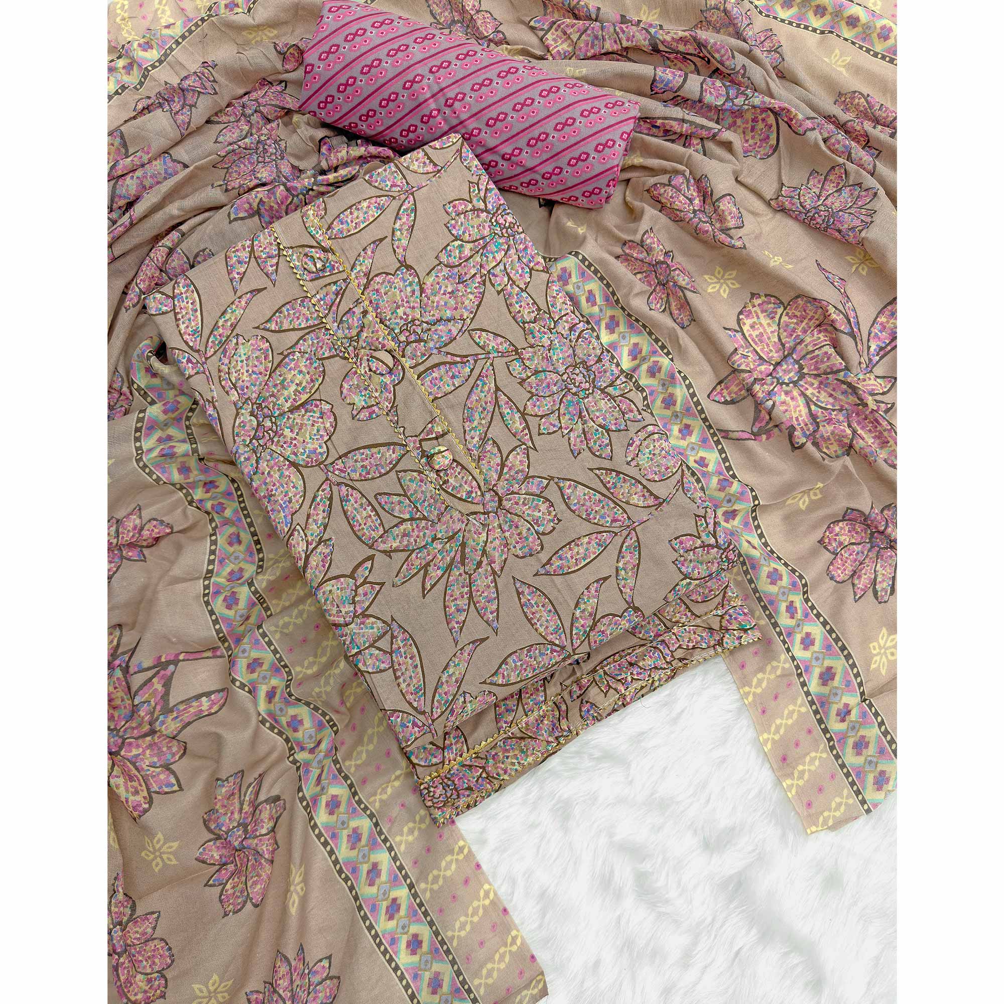 Brown & Pink Floral Printed Pure Cotton Dress Material With Elegant Everyday Appeal
