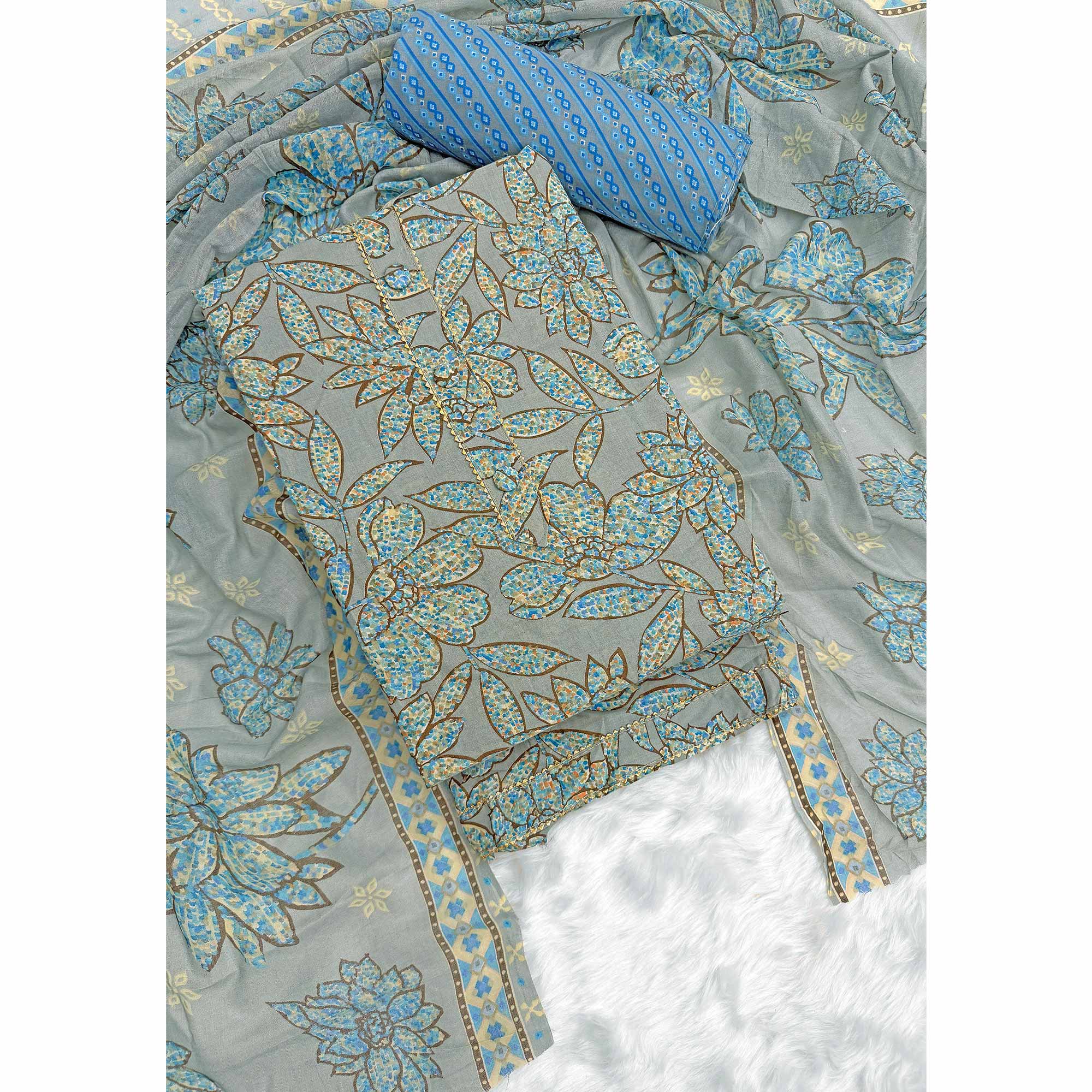 Dusty Blue Floral Printed Pure Cotton Dress Material With Elegant Everyday Appeal