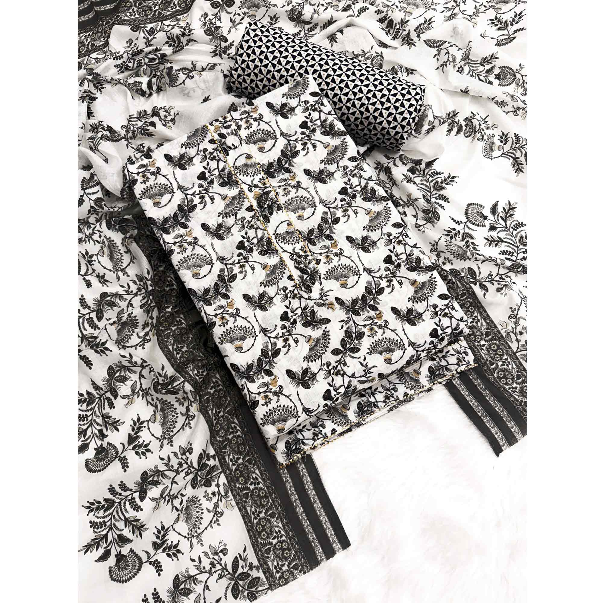 Elegant Black Floral Printed Pure Cotton Dress Material With Tie Neck & Fancy Button