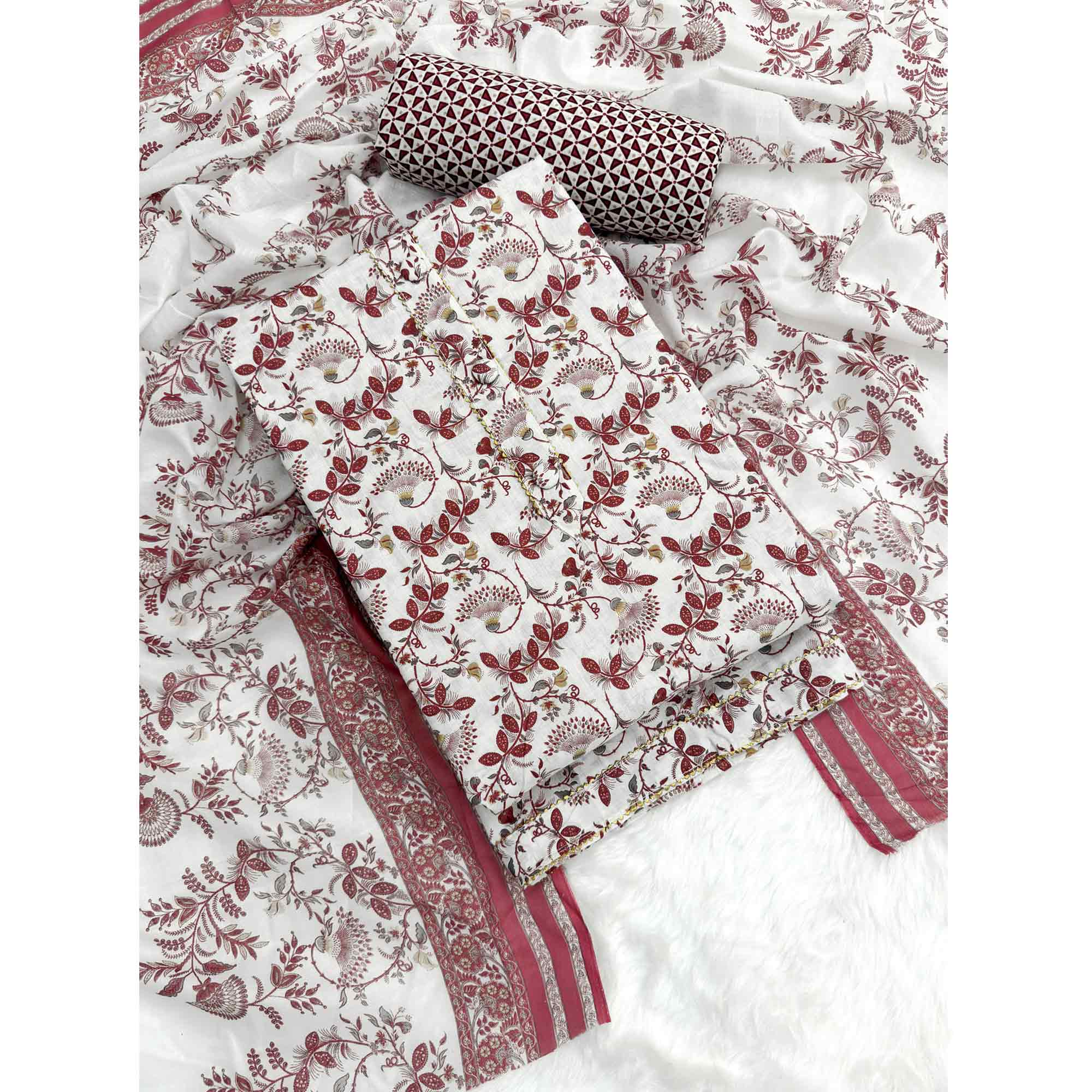 Elegant Maroon Floral Printed Pure Cotton Dress Material With Tie Neck & Fancy Button