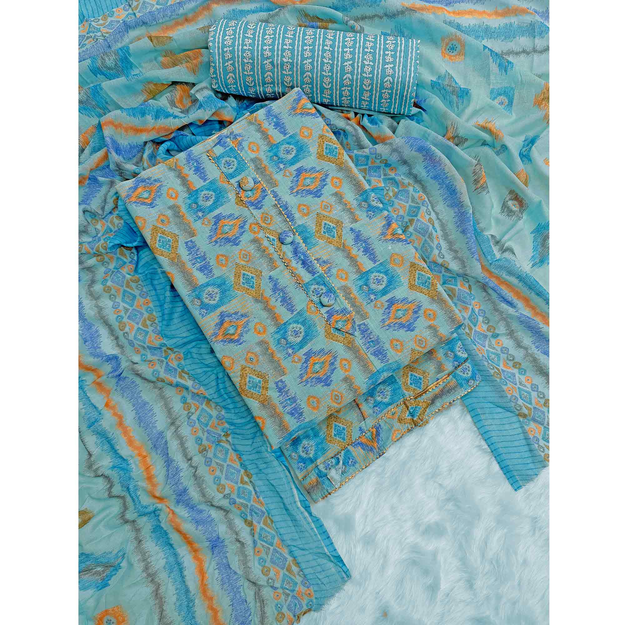 Blue Contemporary Ikat & Geometric Style Print Pure Cotton Dress Material With Decorative Button
