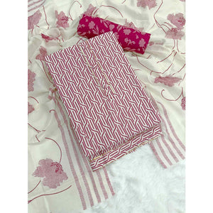 Trendy Rani Pink Geometric Print Pure Cotton Dress Material With Stylish Tie Neck & Fancy Button