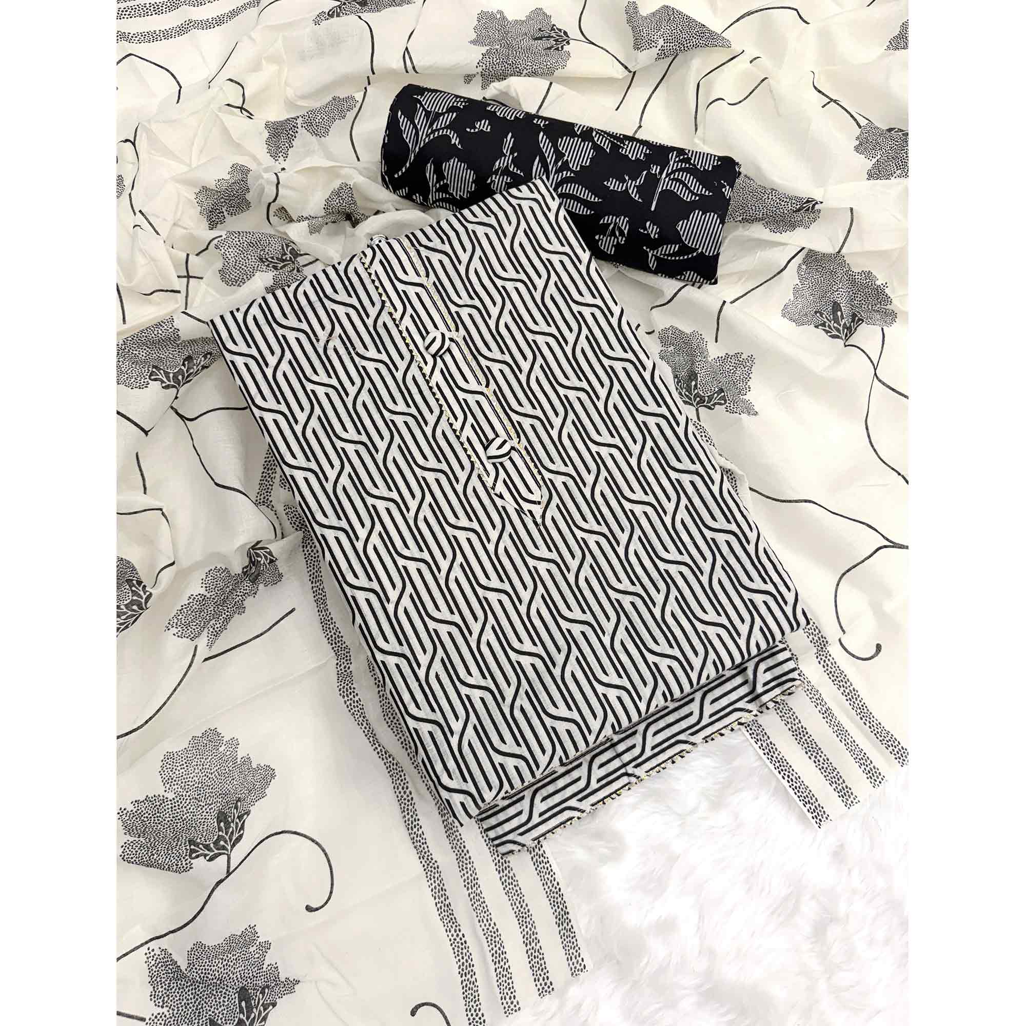 Trendy Black Geometric Print Pure Cotton Dress Material Featuring Stylish Tie Neck & Fancy Button