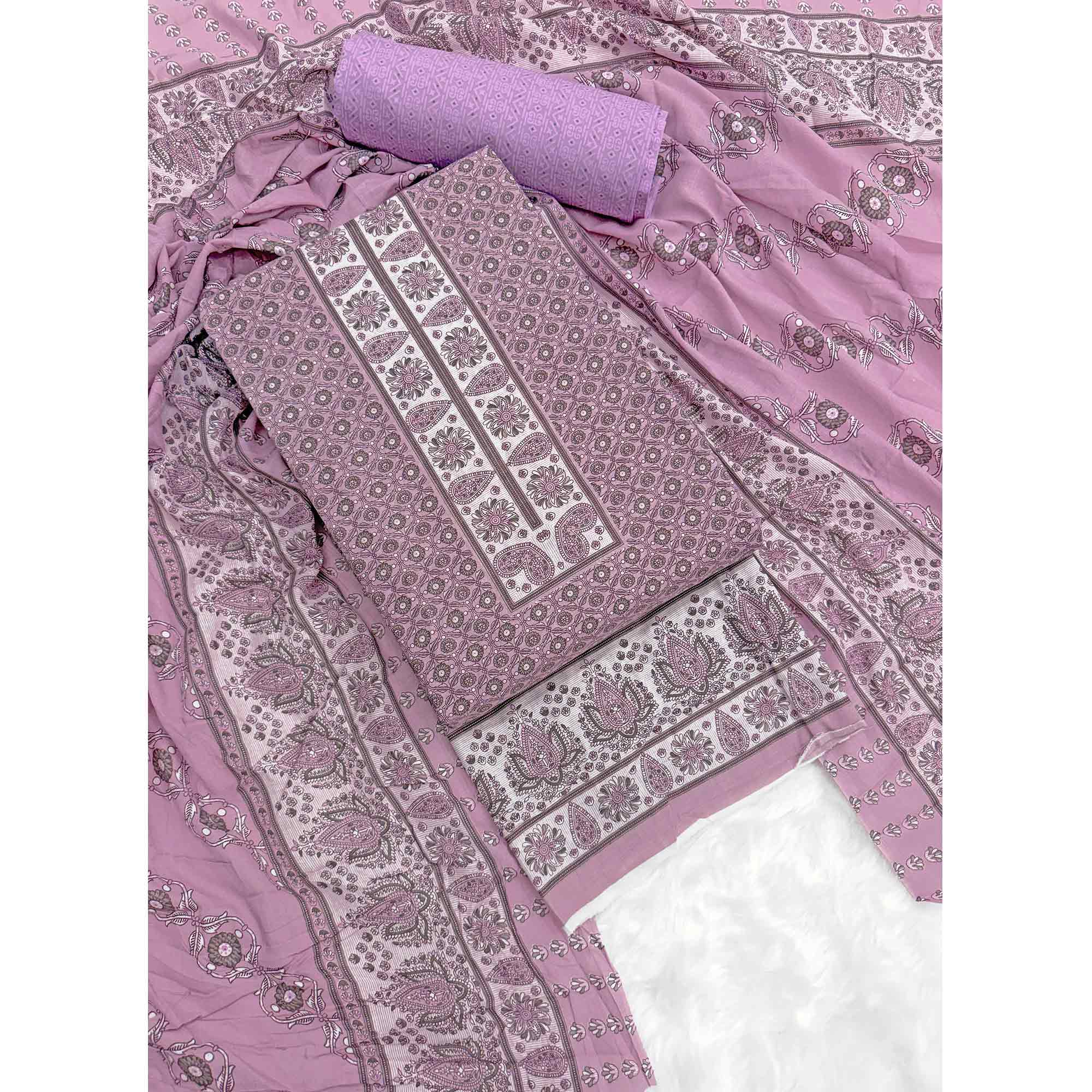 Vibrant Light Purple Floral Print Pure Cotton Dress Material With Refined Craftsmanship