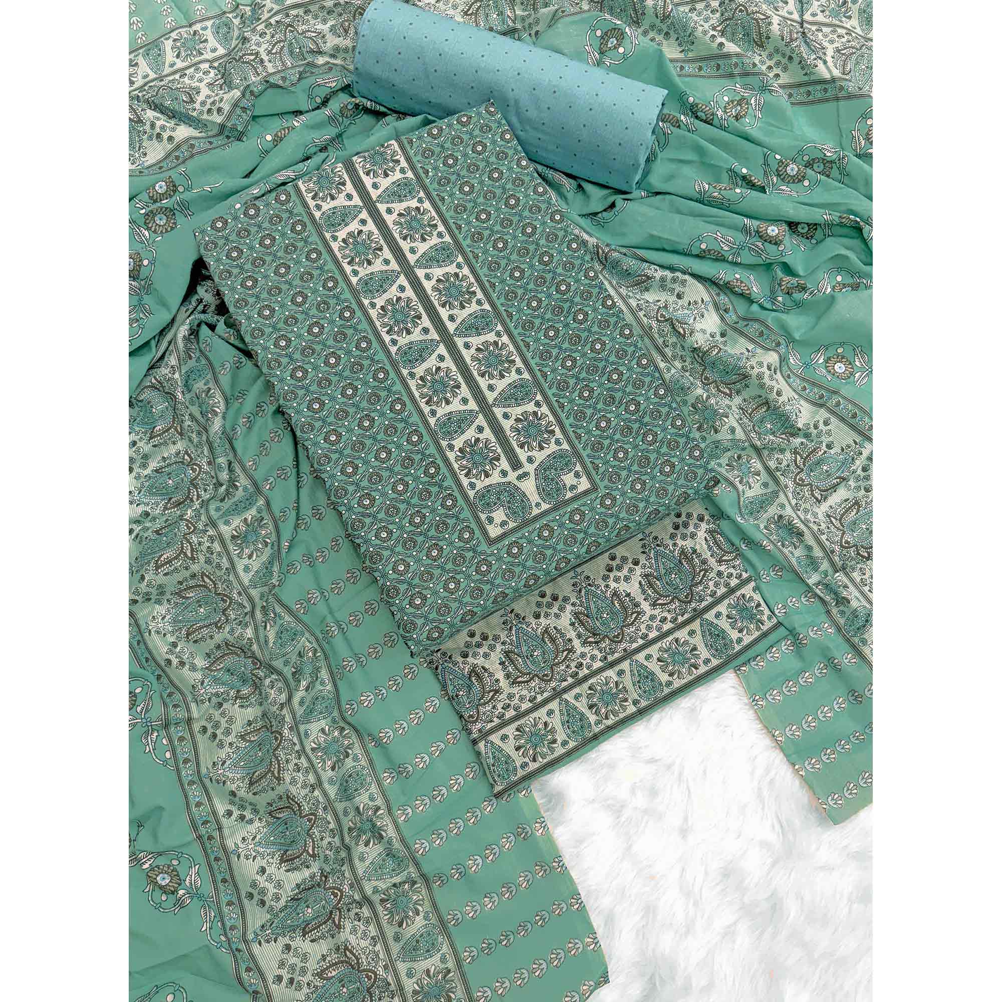 Vibrant Rama Green Floral Print Pure Cotton Dress Material With Refined Craftsmanship