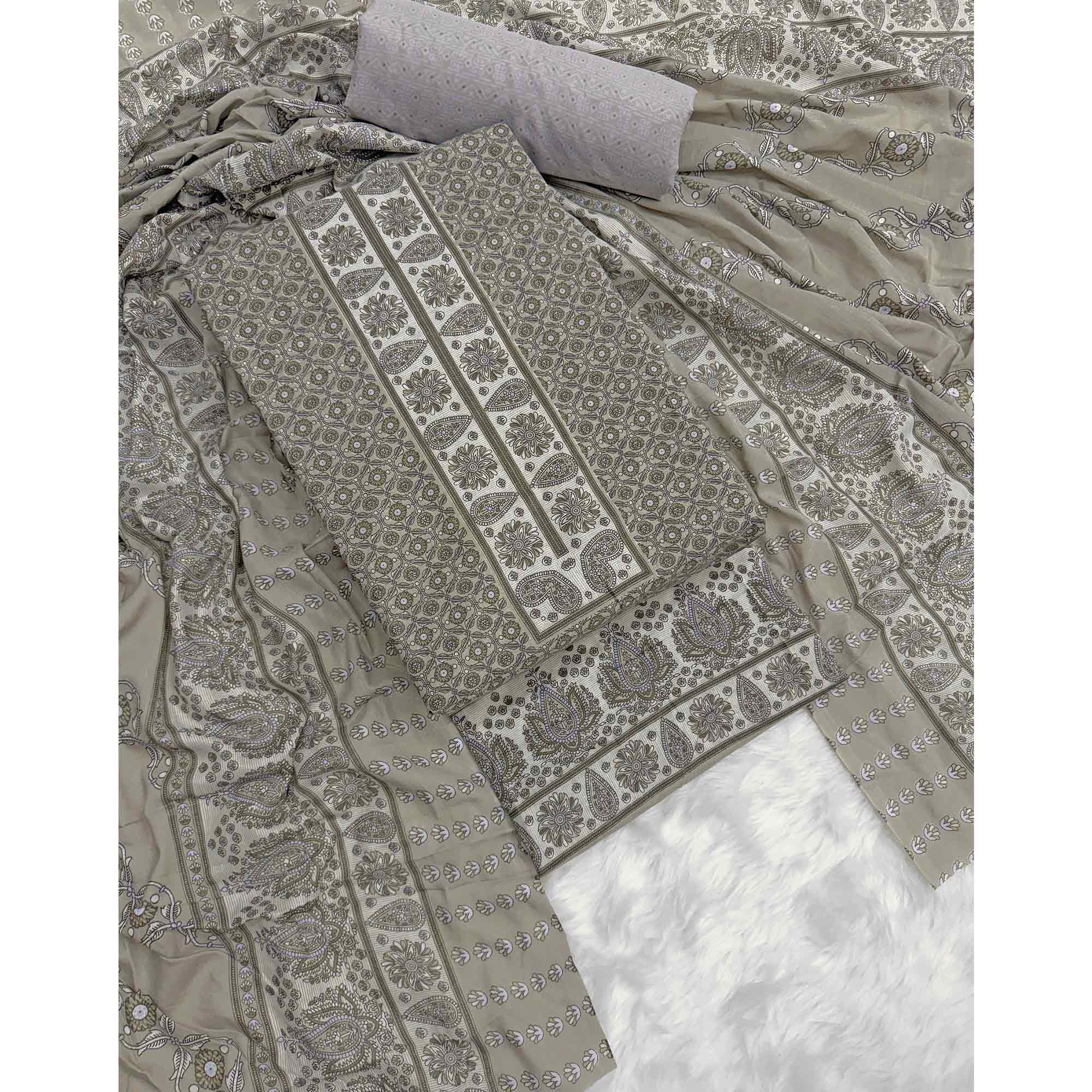 Vibrant Grey Floral Print Pure Cotton Dress Material With Refined Craftsmanship