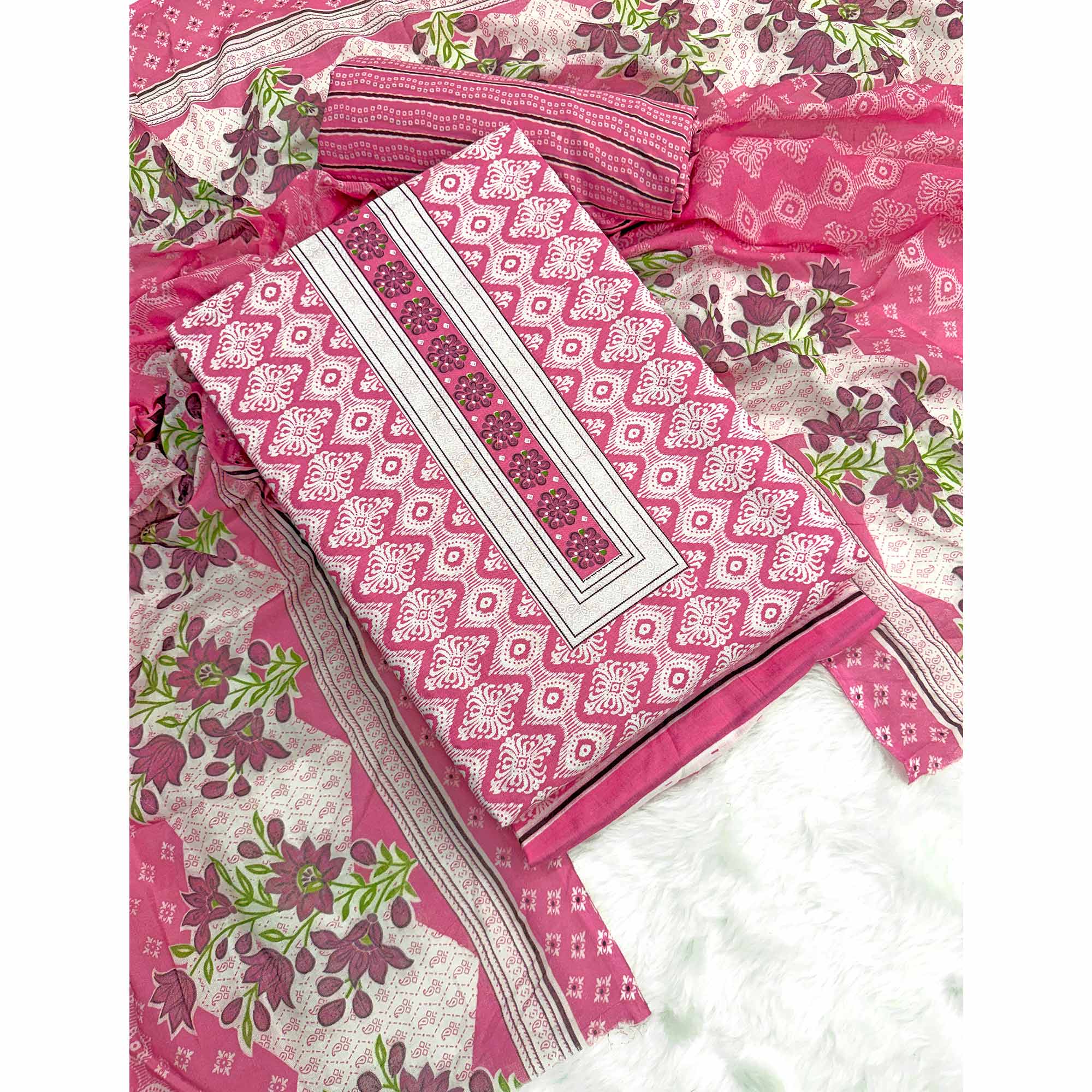 Charming Pink Pure Cotton Dress Material With Delicate Floral Print