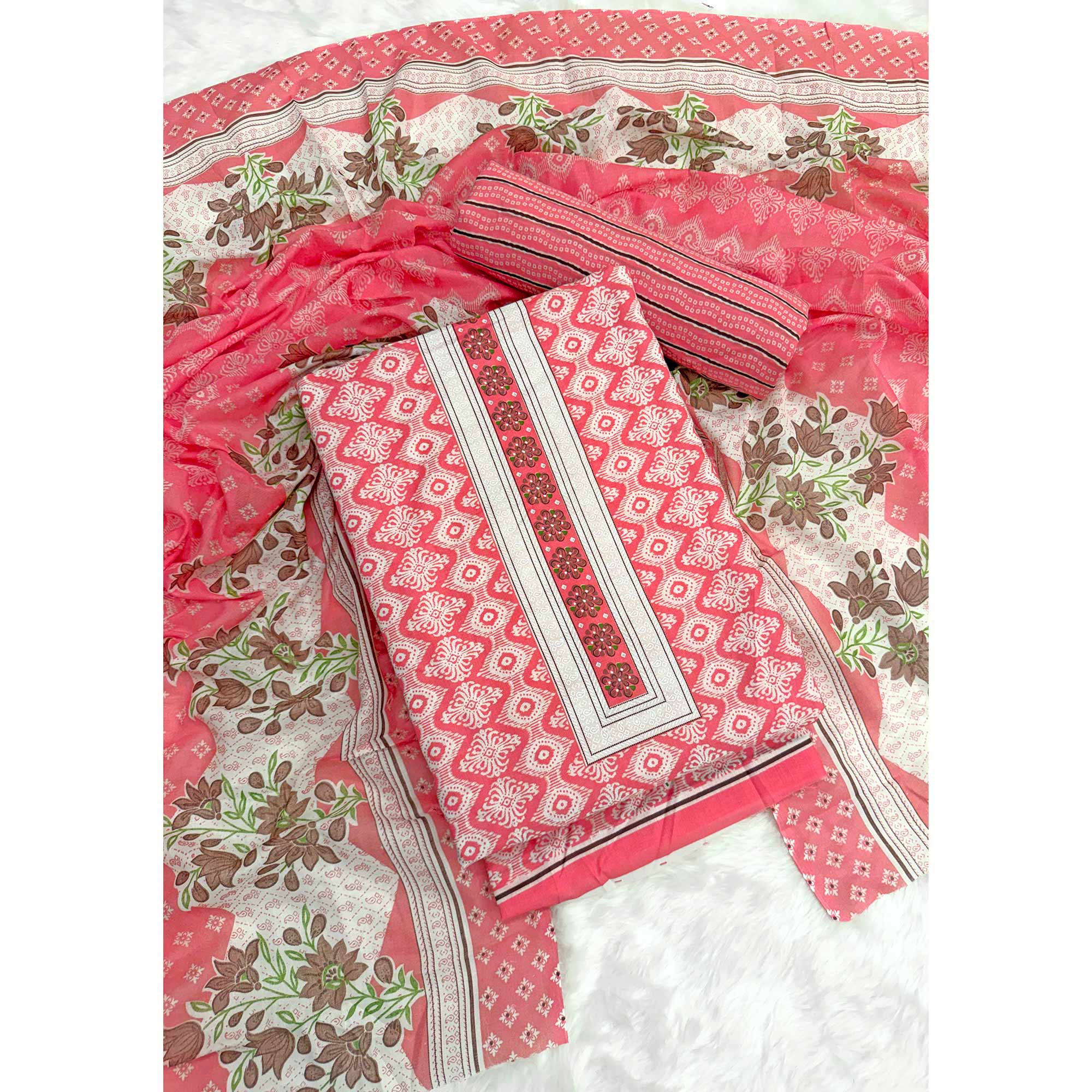 Charming Gajari Red Pure Cotton Dress Material With Delicate Floral Print