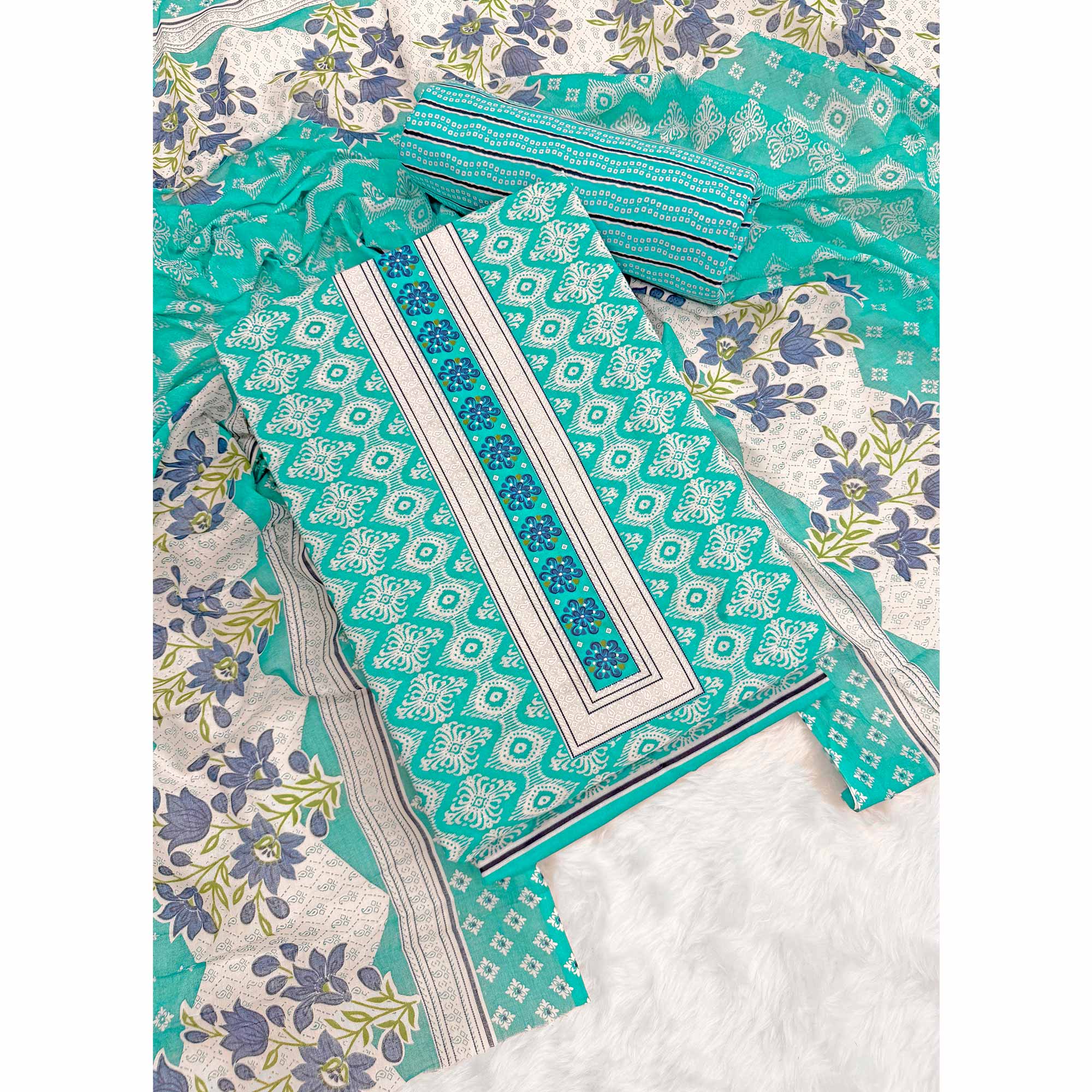 Charming Turquoise Pure Cotton Dress Material With Delicate Floral Print