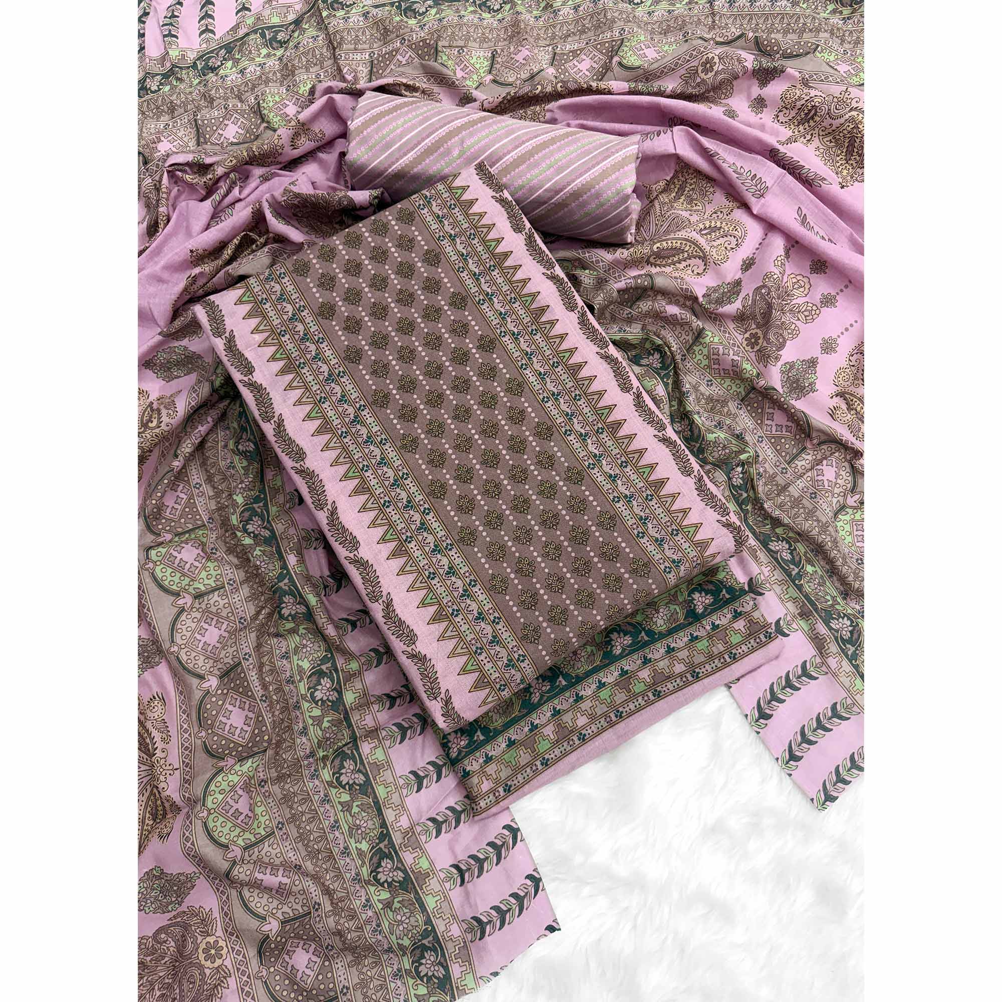 Vibrant Light Purple Pure Cotton Dress Material Featuring Artistic Floral Print