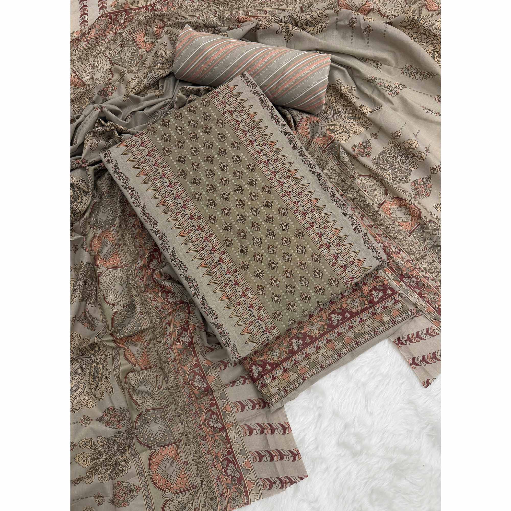 Vibrant Grey Pure Cotton Dress Material Featuring Artistic Floral Print