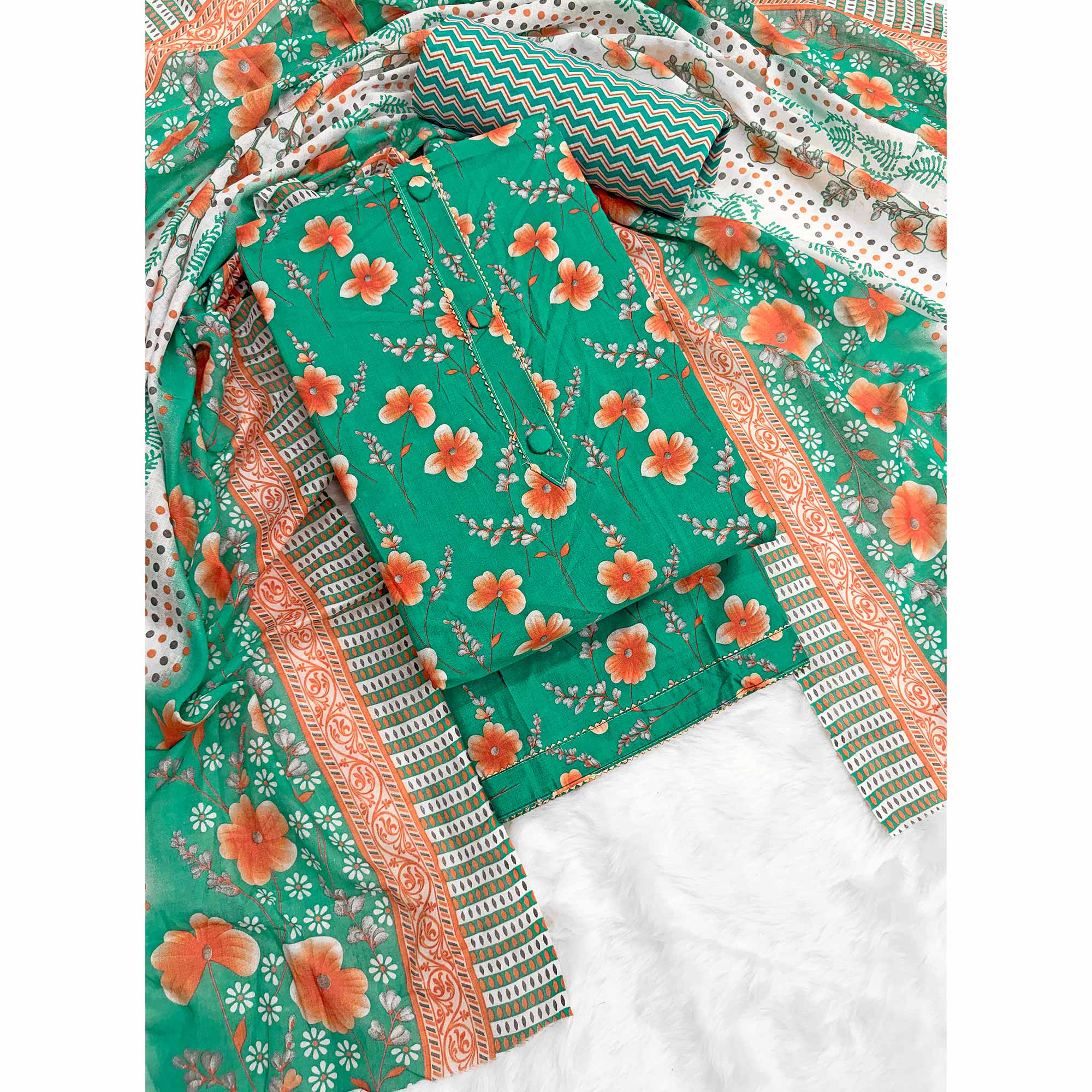 Green Floral Printed Pure Cotton Dress Material With Stylish Tie Neck & Fancy Button Work