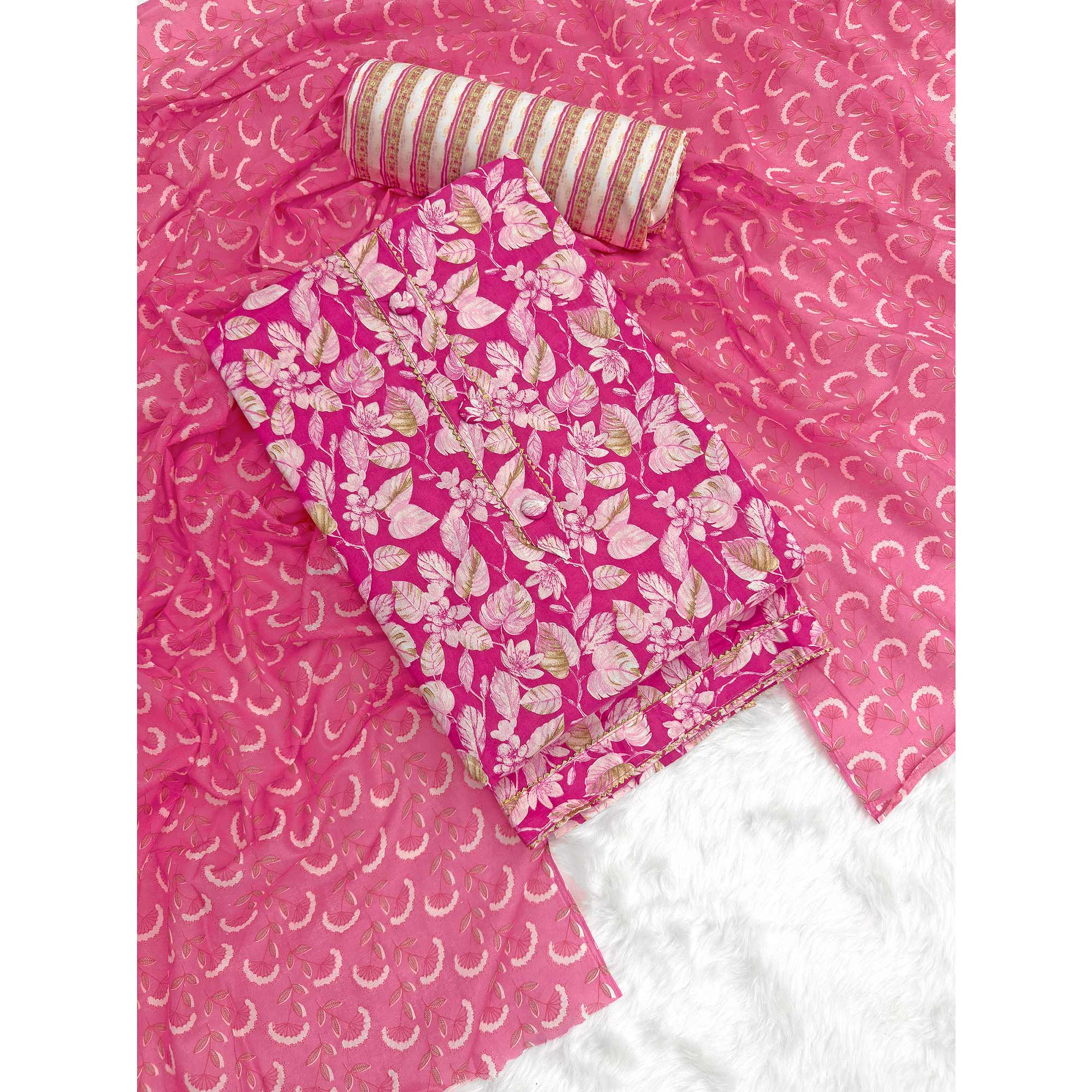 Charming Magenta Pure Cotton Dress Material Featuring Floral Print With Tie On Neck & Fancy Button