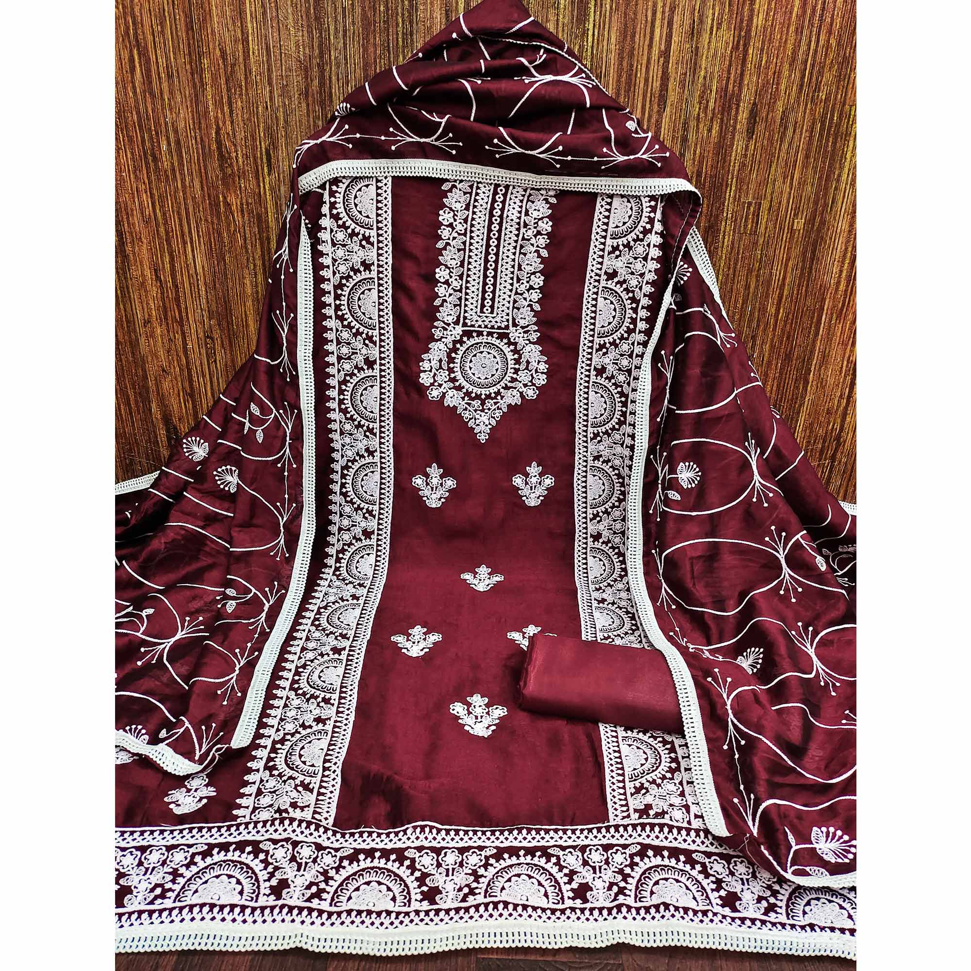 Maroon Floral Embroidered Vichitra Silk Dress Material