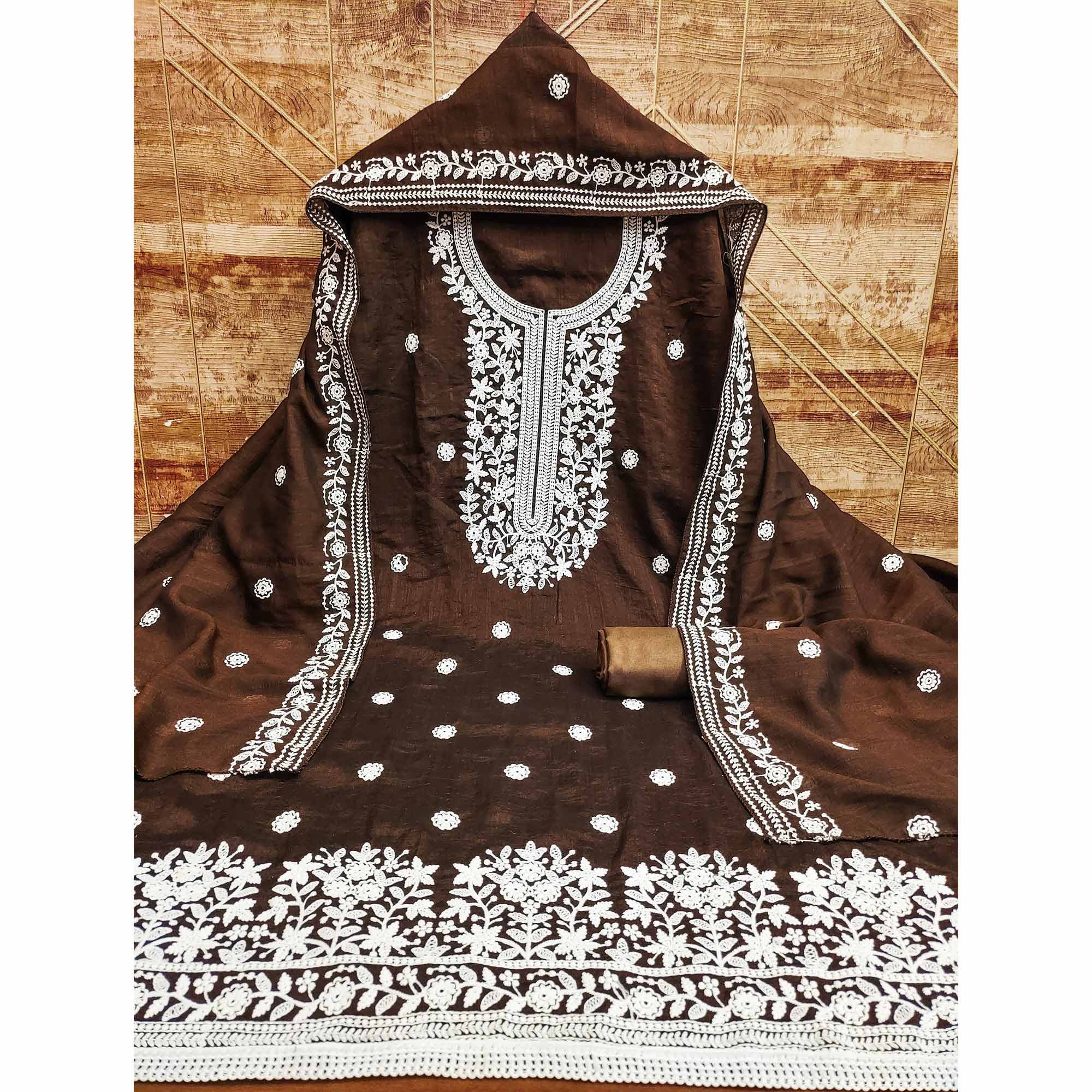 Brown Floral Embroidered Vichitra Silk Dress Material