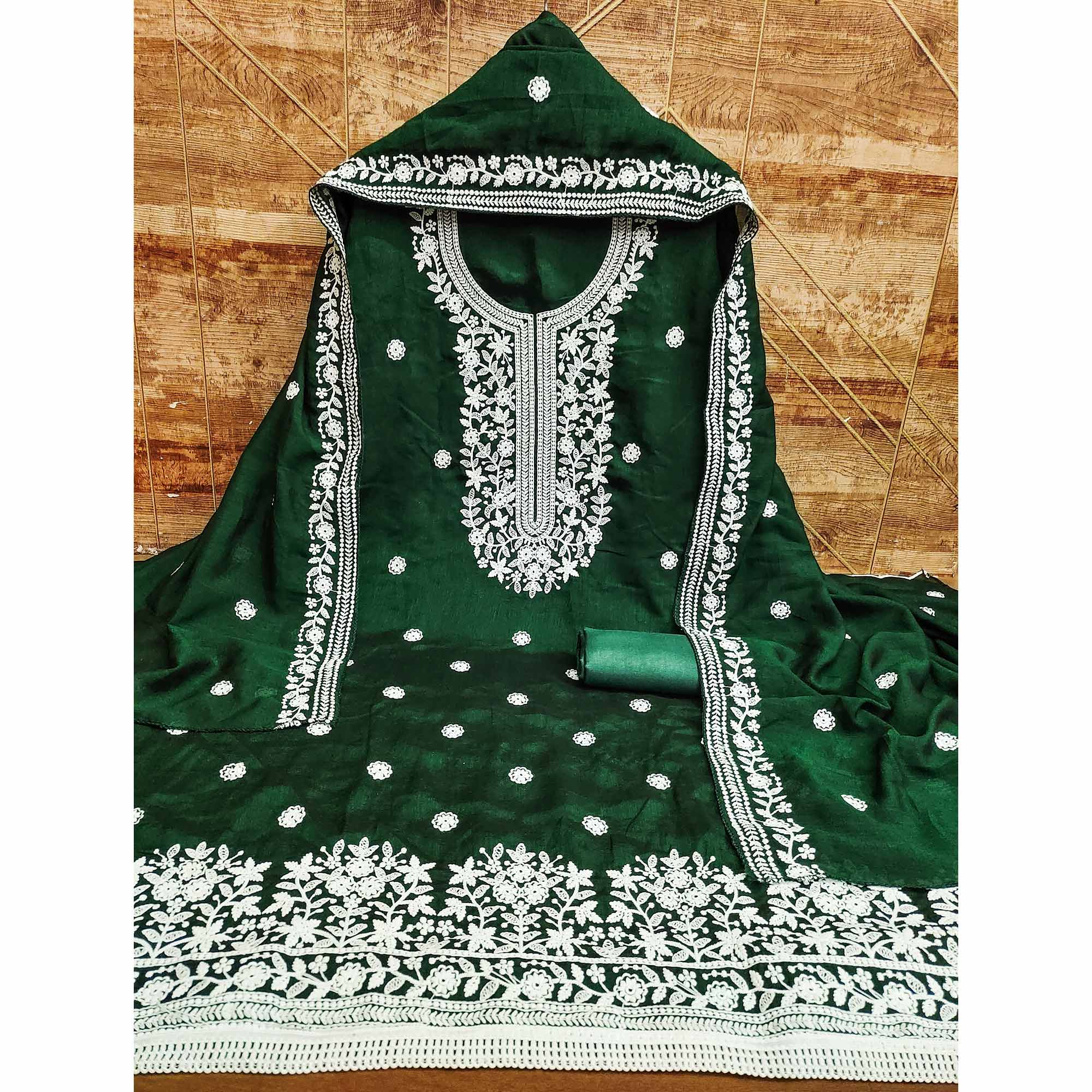 Green Floral Embroidered Vichitra Silk Dress Material