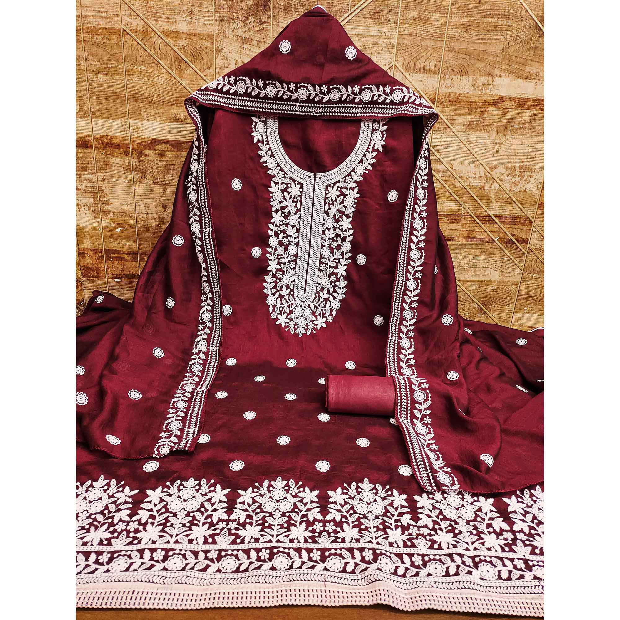 Maroon Floral Embroidered Vichitra Silk Dress Material