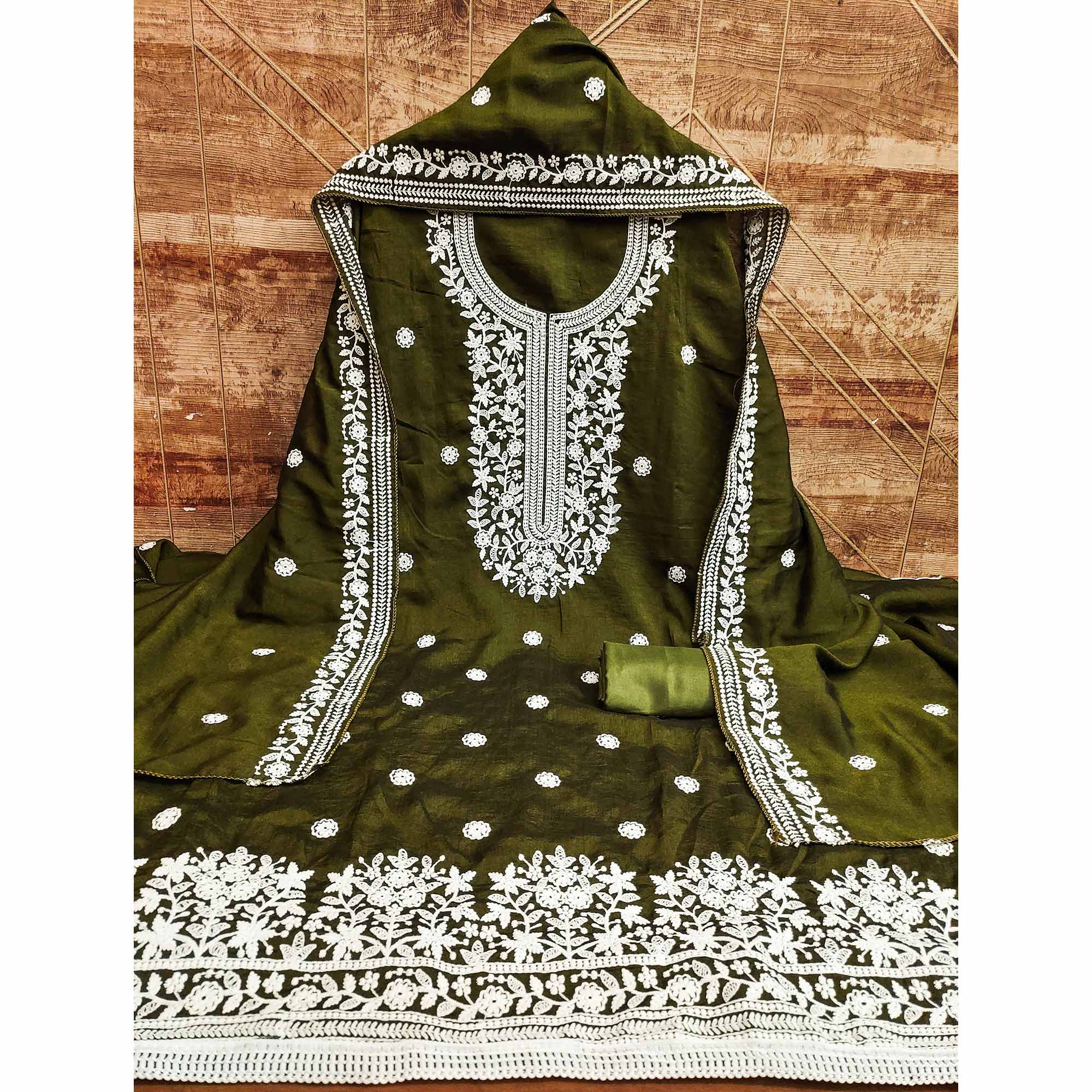Mehendi Green Floral Embroidered Vichitra Silk Dress Material