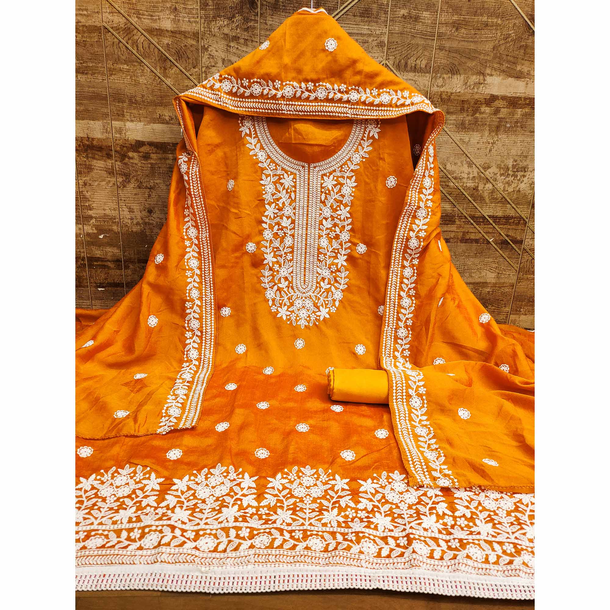 Mustard Floral Embroidered Vichitra Silk Dress Material