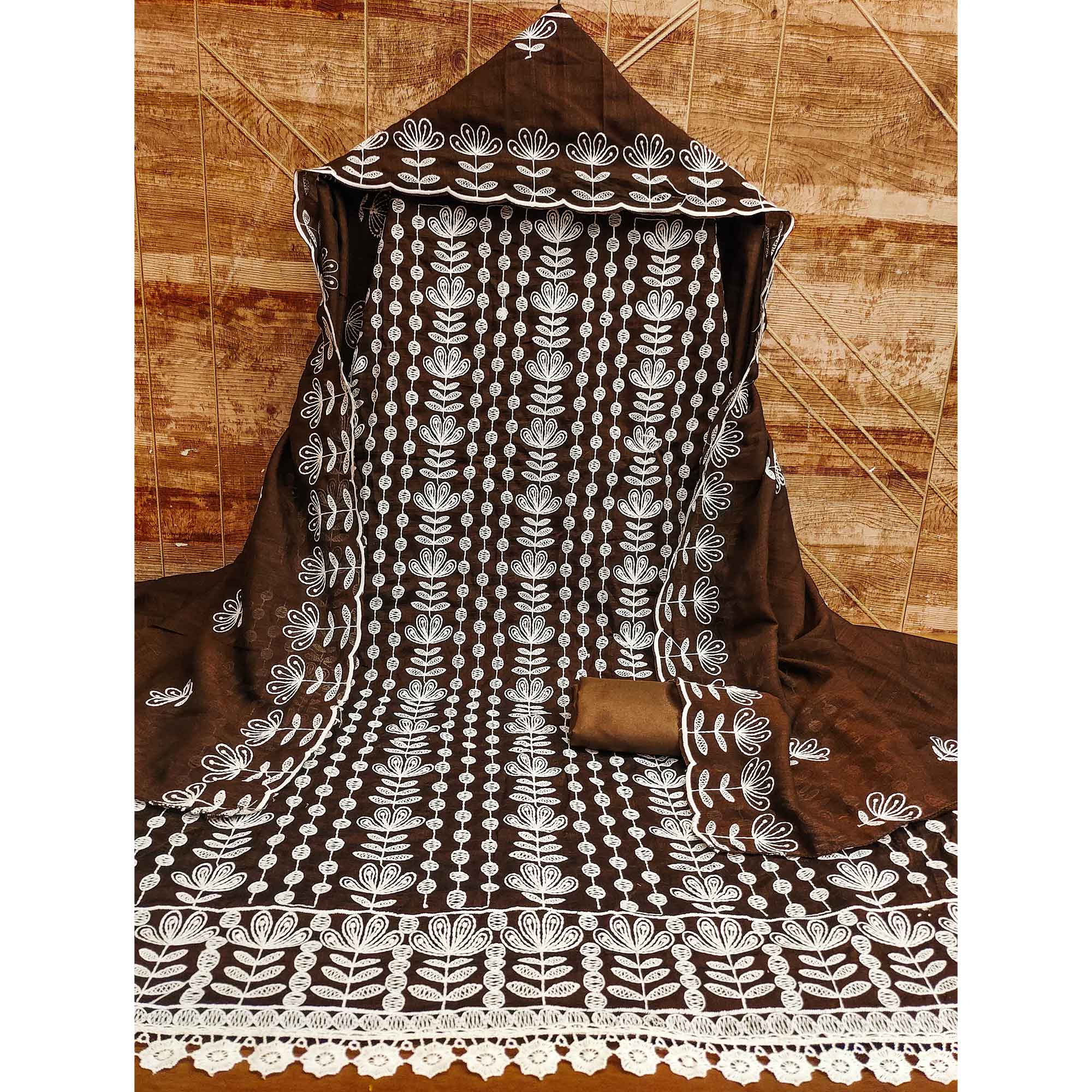Brown Floral Embroidered Vichitra Silk Dress Material