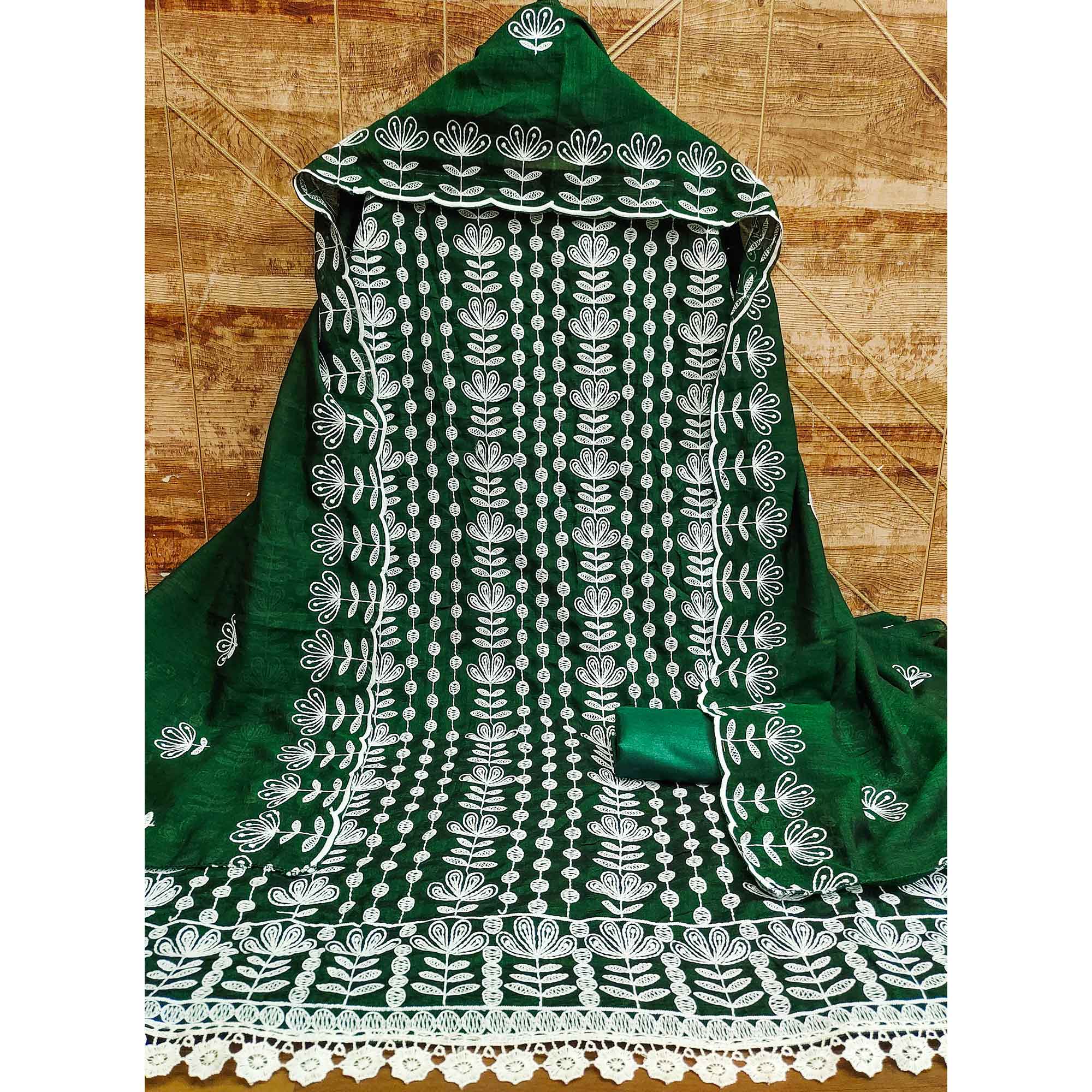 Green Floral Embroidered Vichitra Silk Dress Material