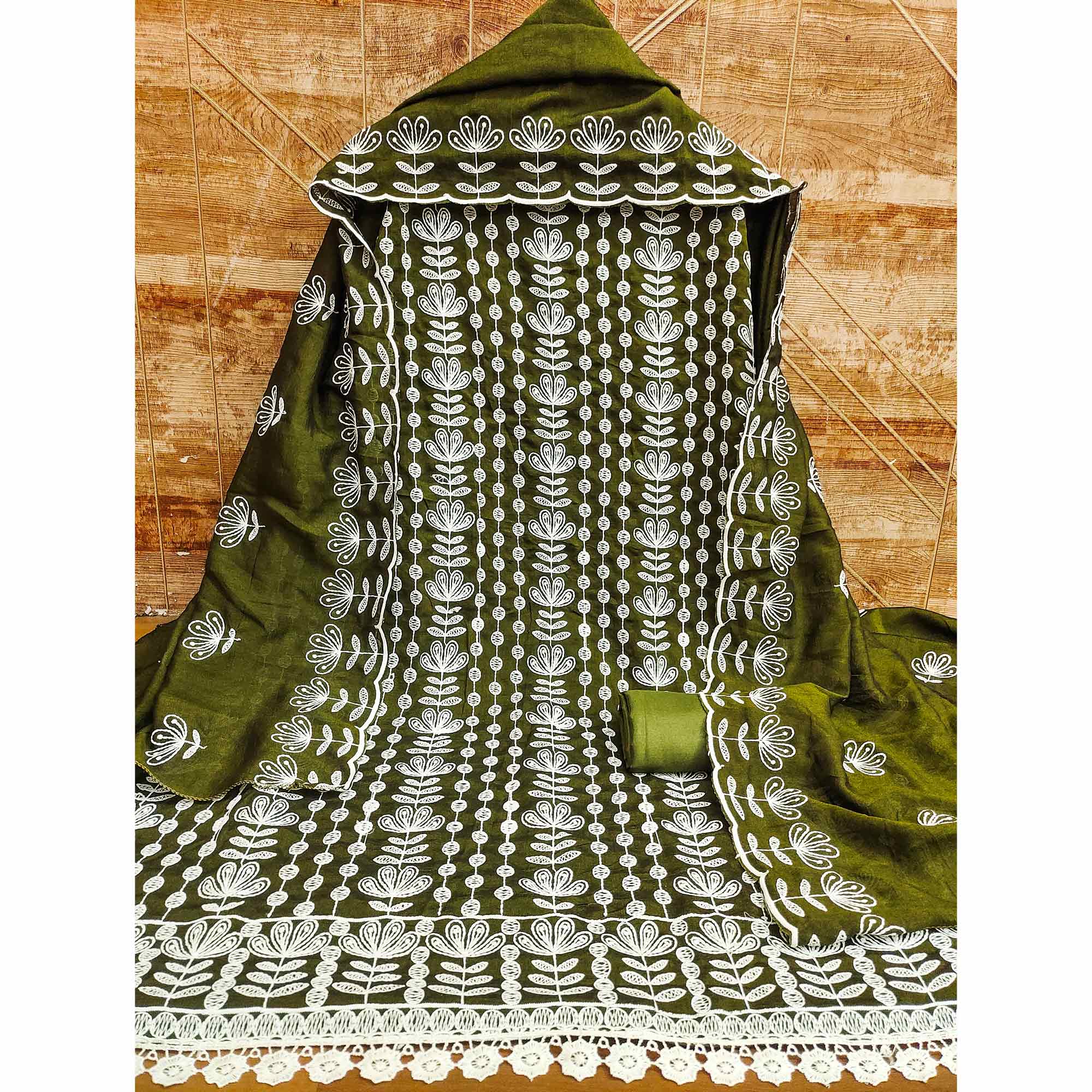 Mehendi Green Floral Embroidered Vichitra Silk Dress Material