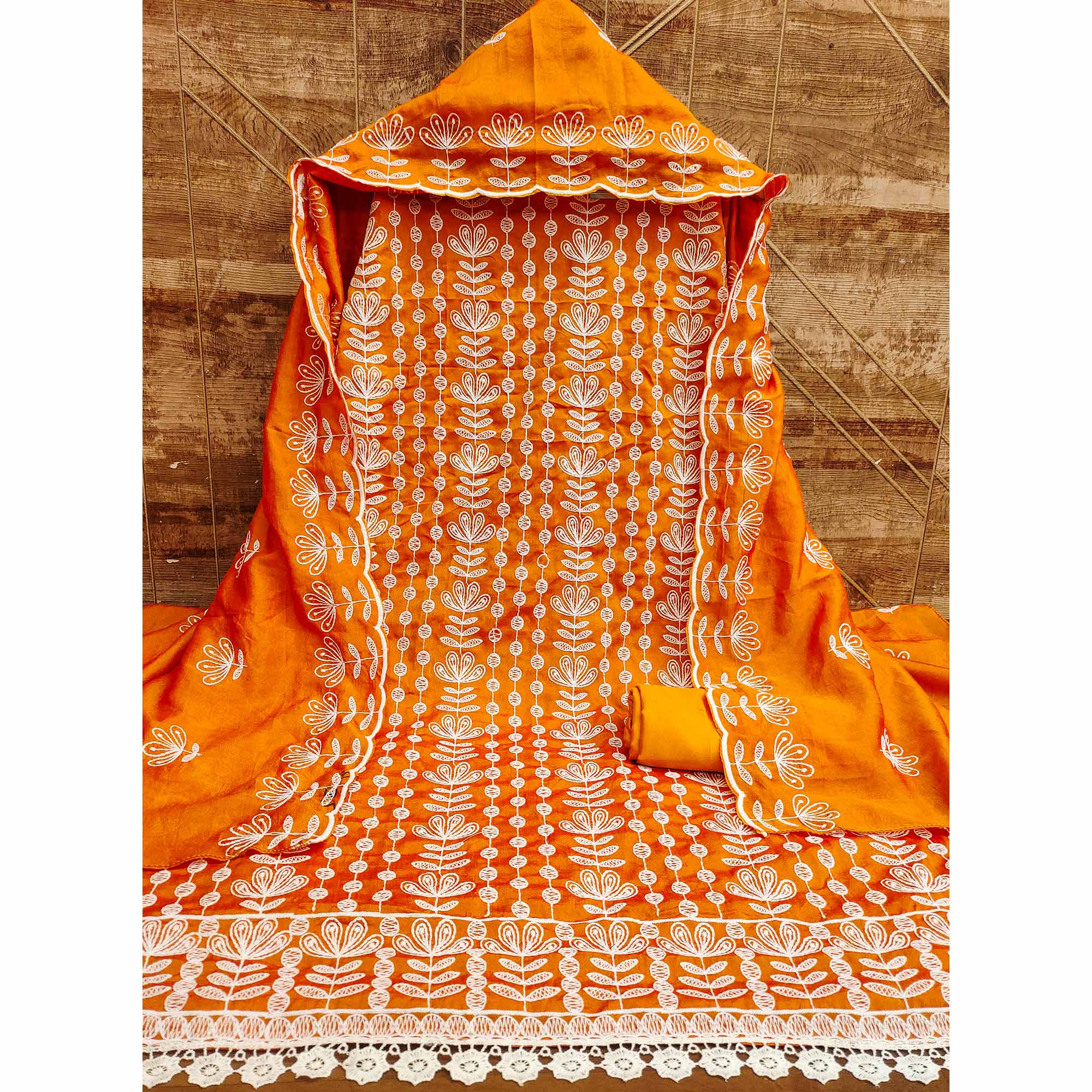 Mustard Floral Embroidered Vichitra Silk Dress Material