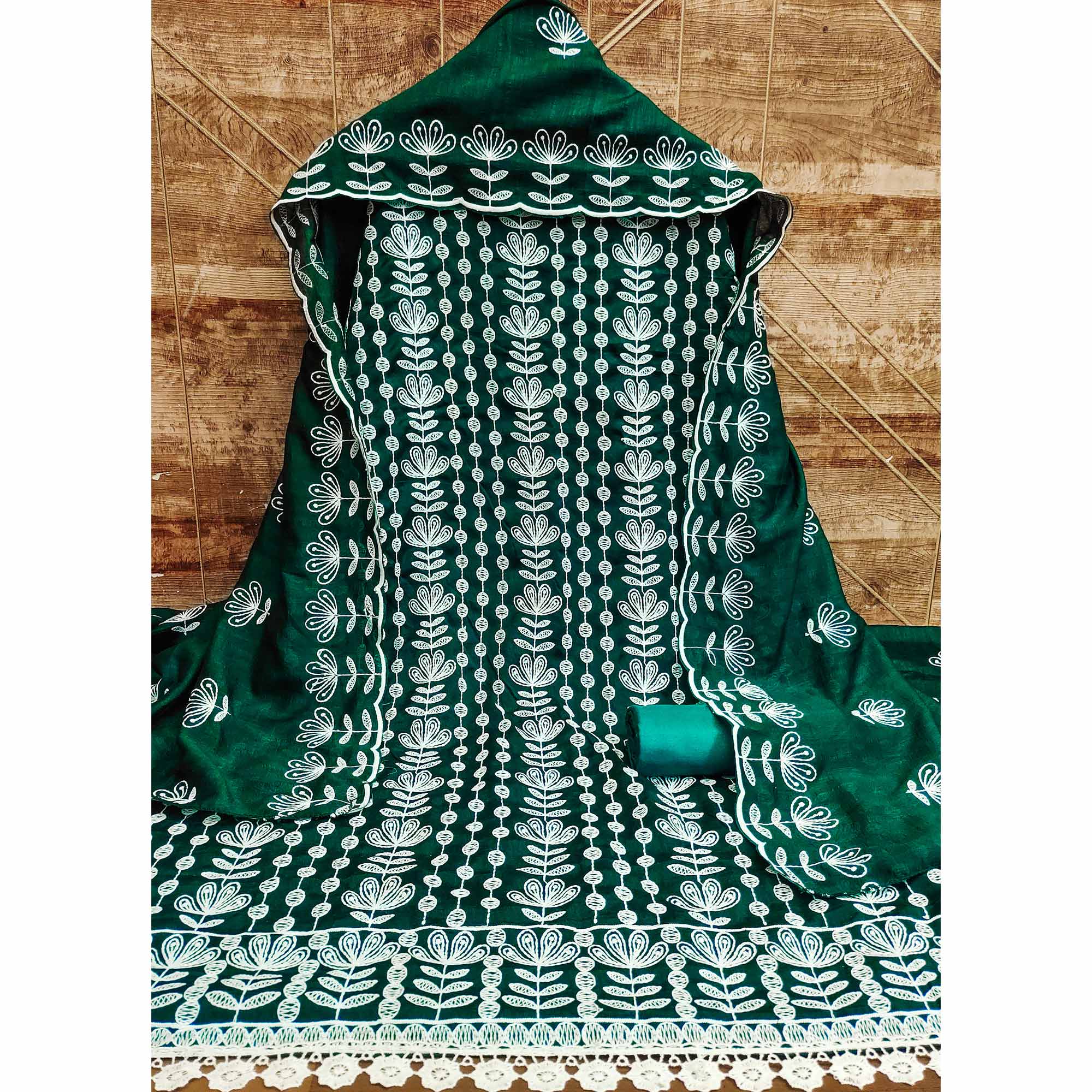 Rama Green Floral Embroidered Vichitra Silk Dress Material