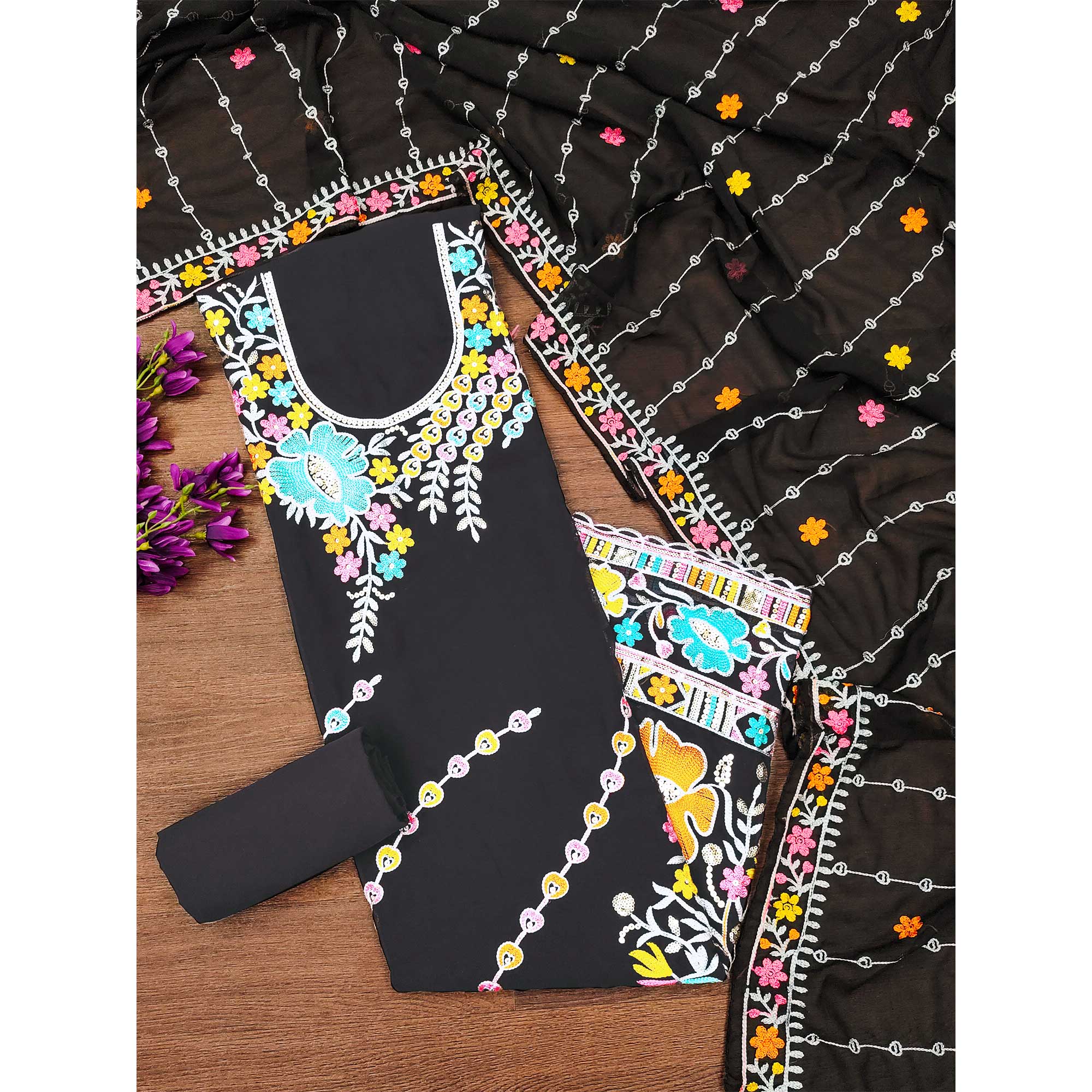 Black Floral Sequins Embroidered Georgette Dress Material