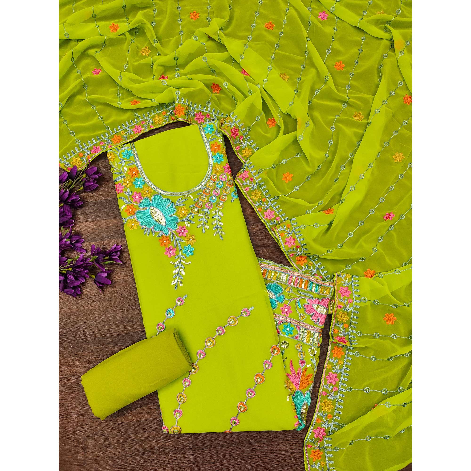 Green Floral Sequins Embroidered Georgette Dress Material