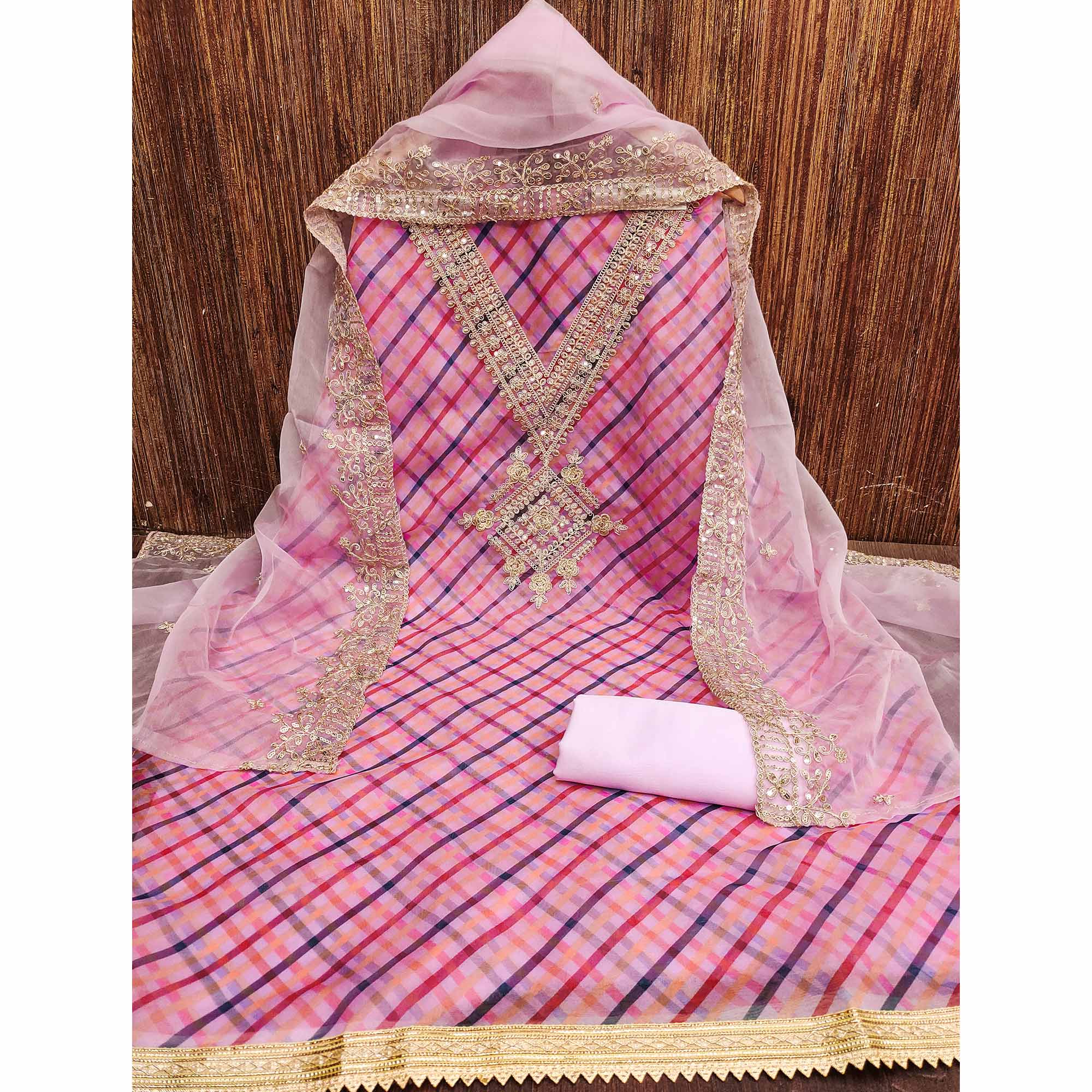 Pink Digital Printed Organza Dress Material