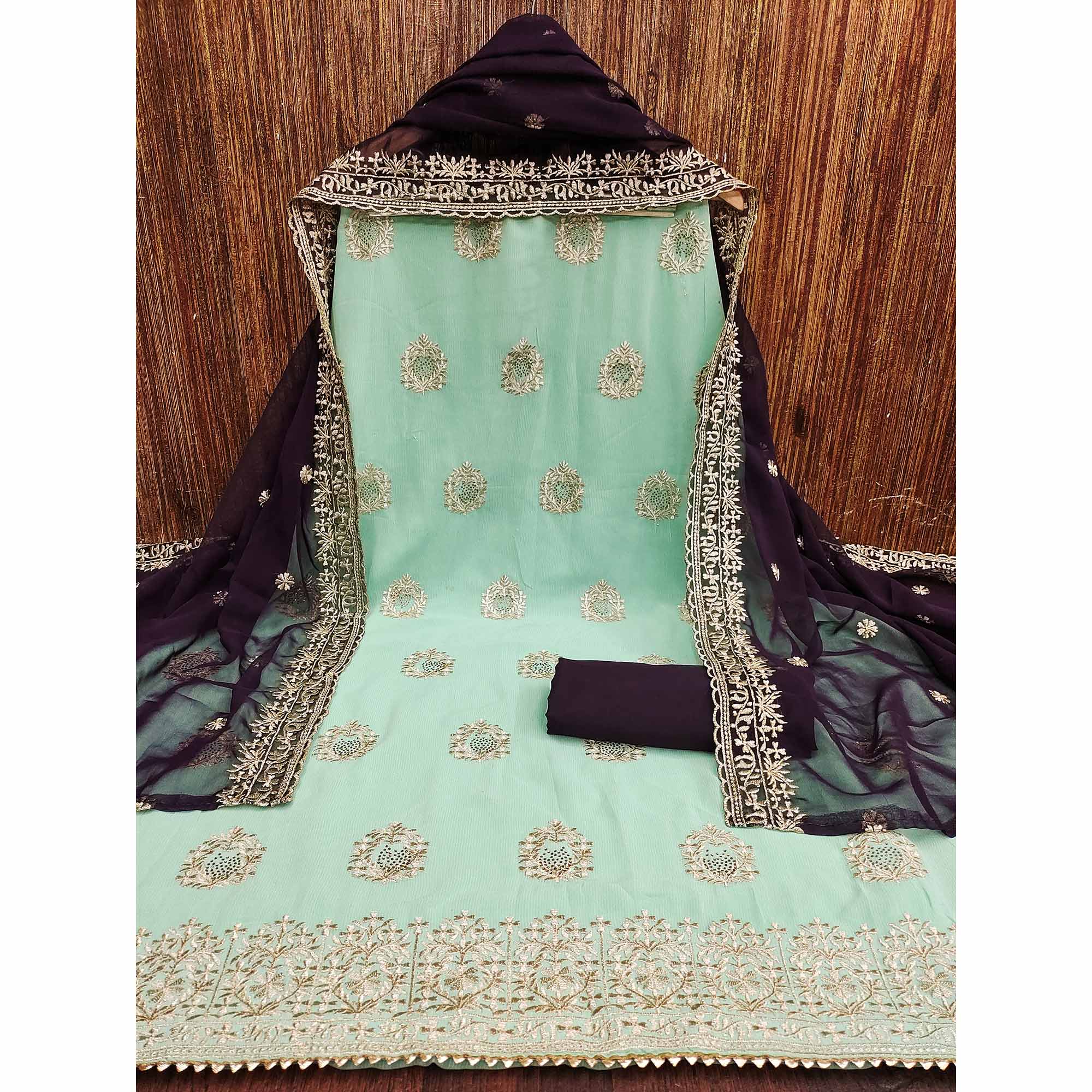 Sea Green Floral Embroidered Silk Dress Material