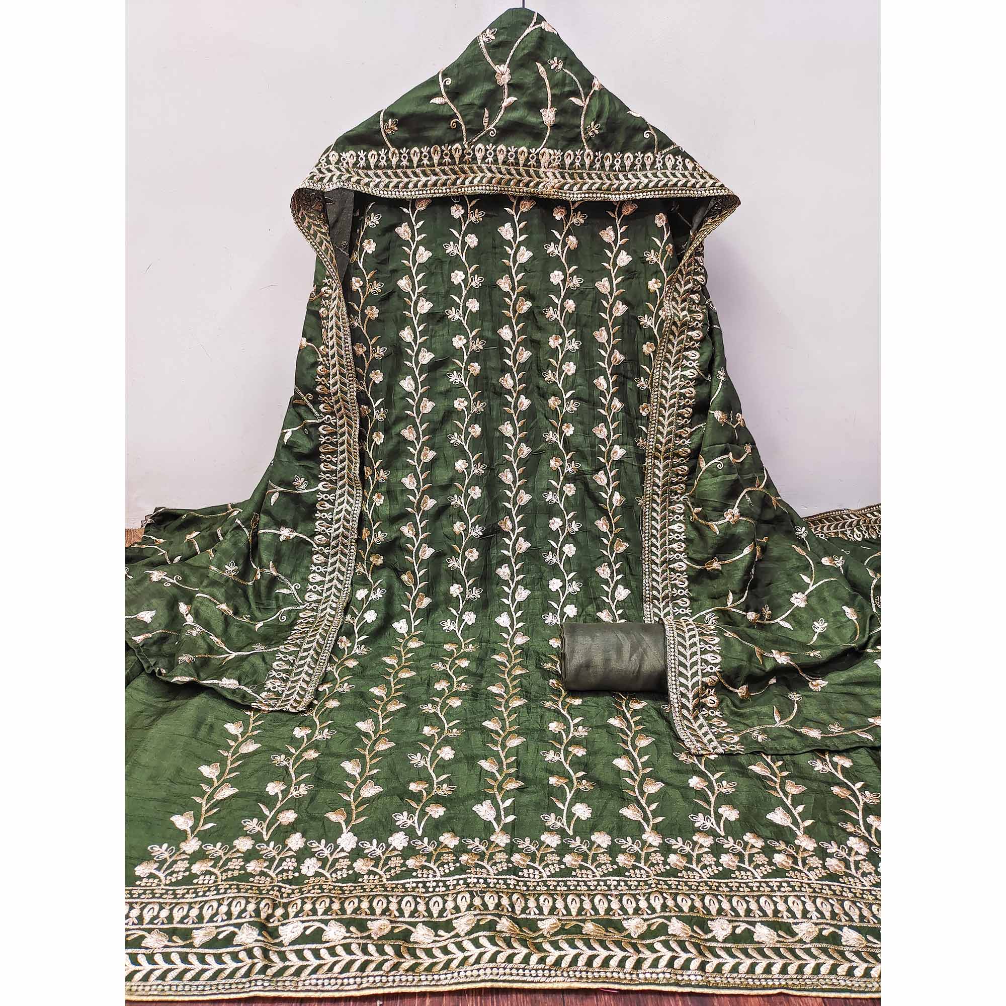 Green Floral Embroidered Vichitra Silk Dress Material