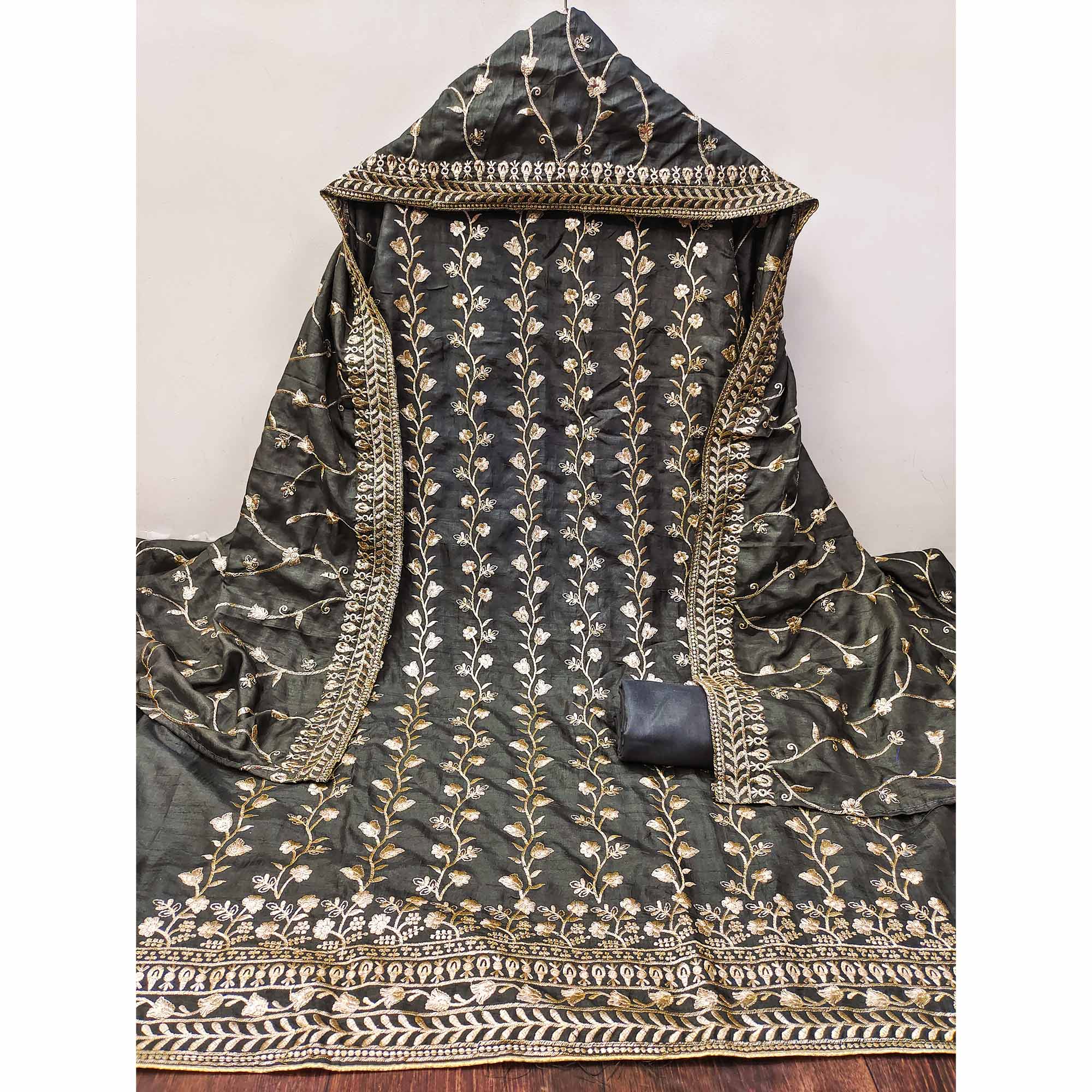 Grey Floral Embroidered Vichitra Silk Dress Material