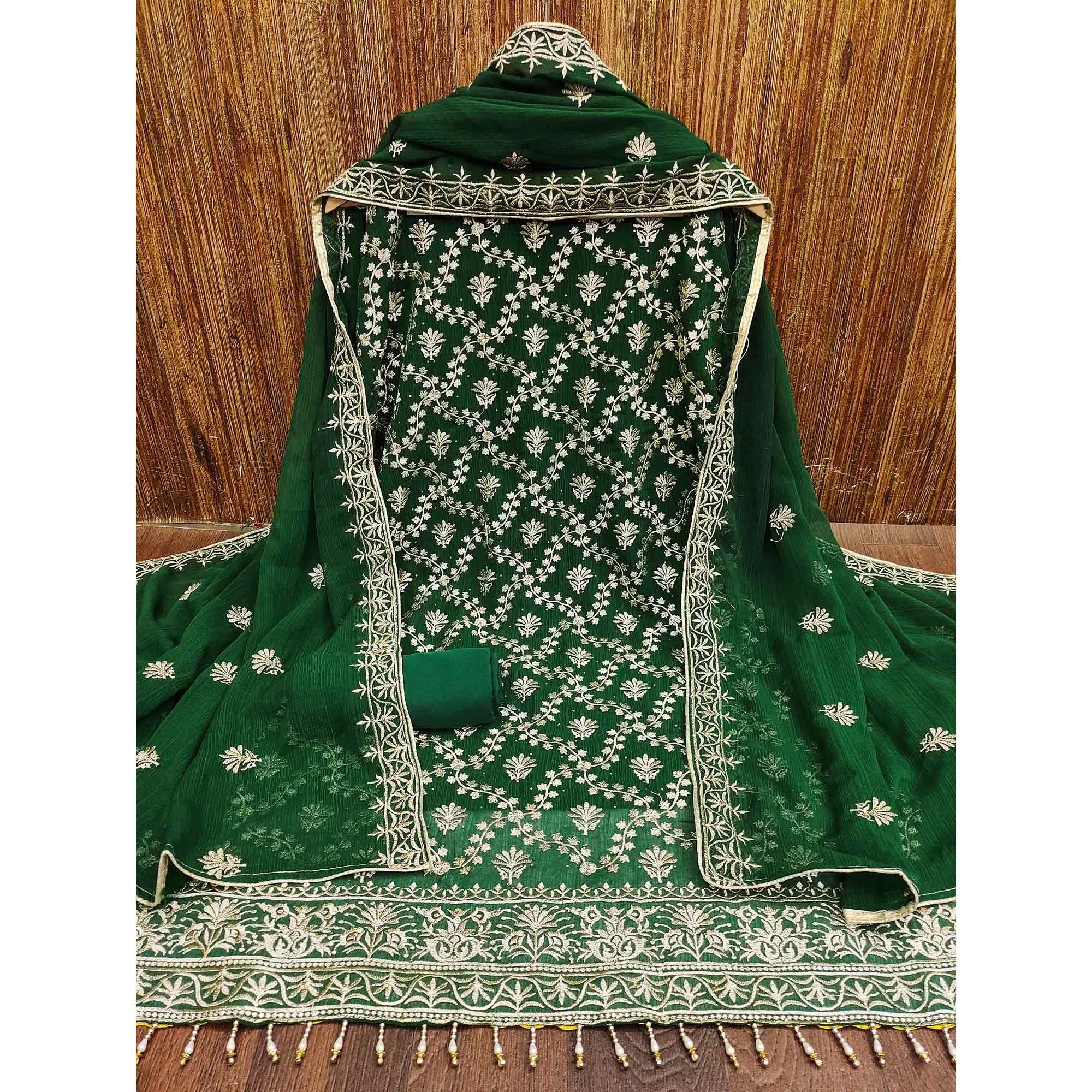 Green Floral Embroidered Georgette Dress Material