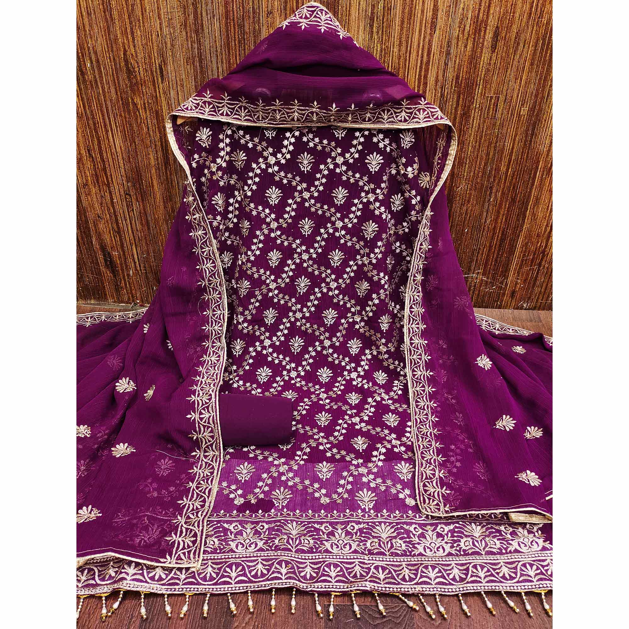 Wine Floral Embroidered Georgette Dress Material