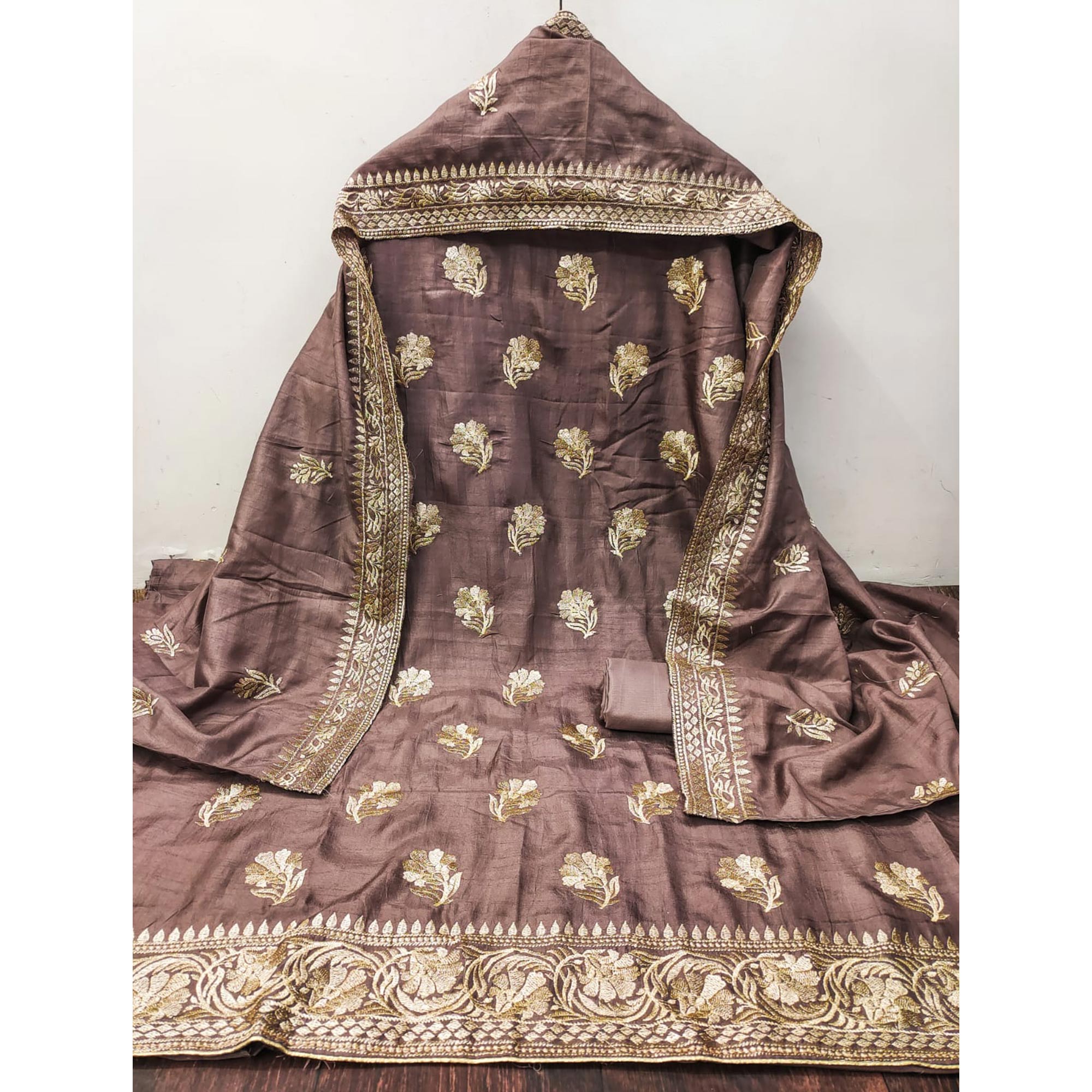 Brown Floral Embroidered Vichitra Silk Dress Material
