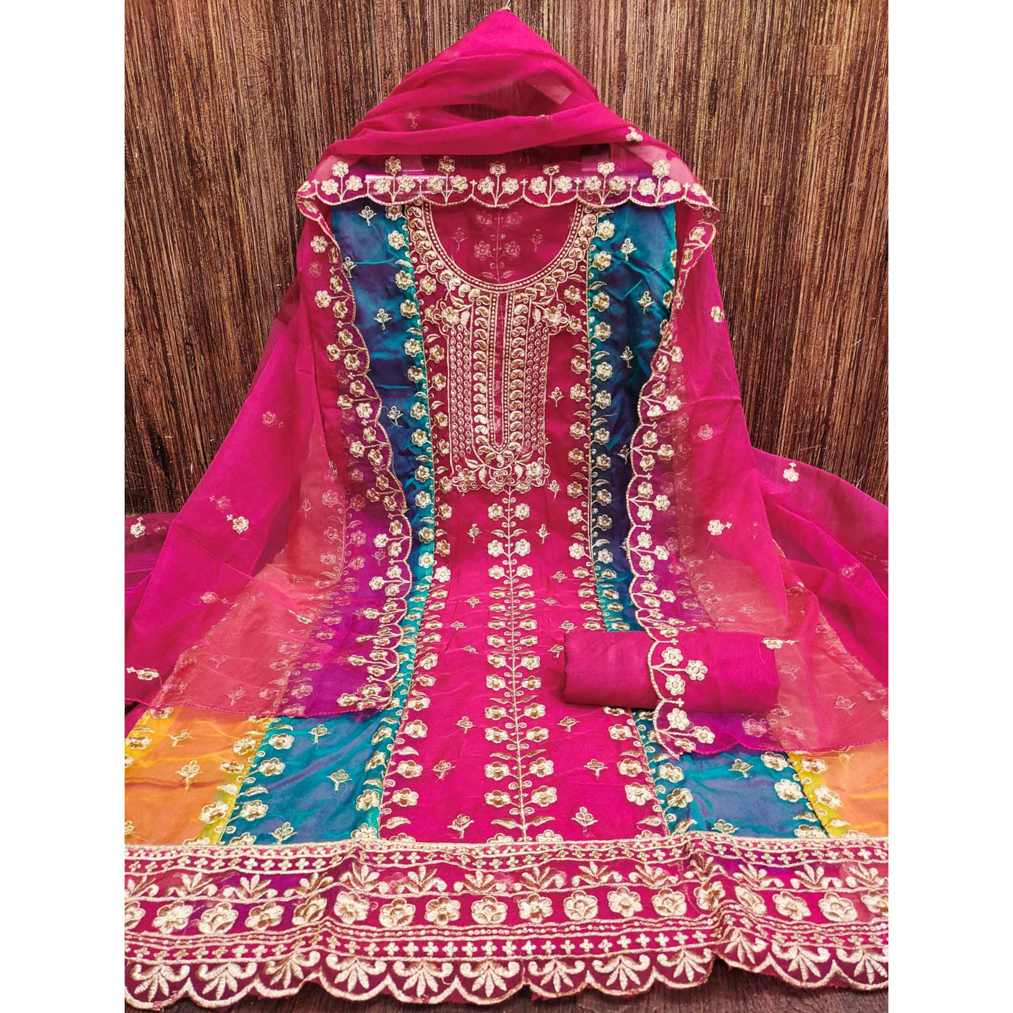 Pink Floral Embroidered With Digital Printed Organza Dress Material