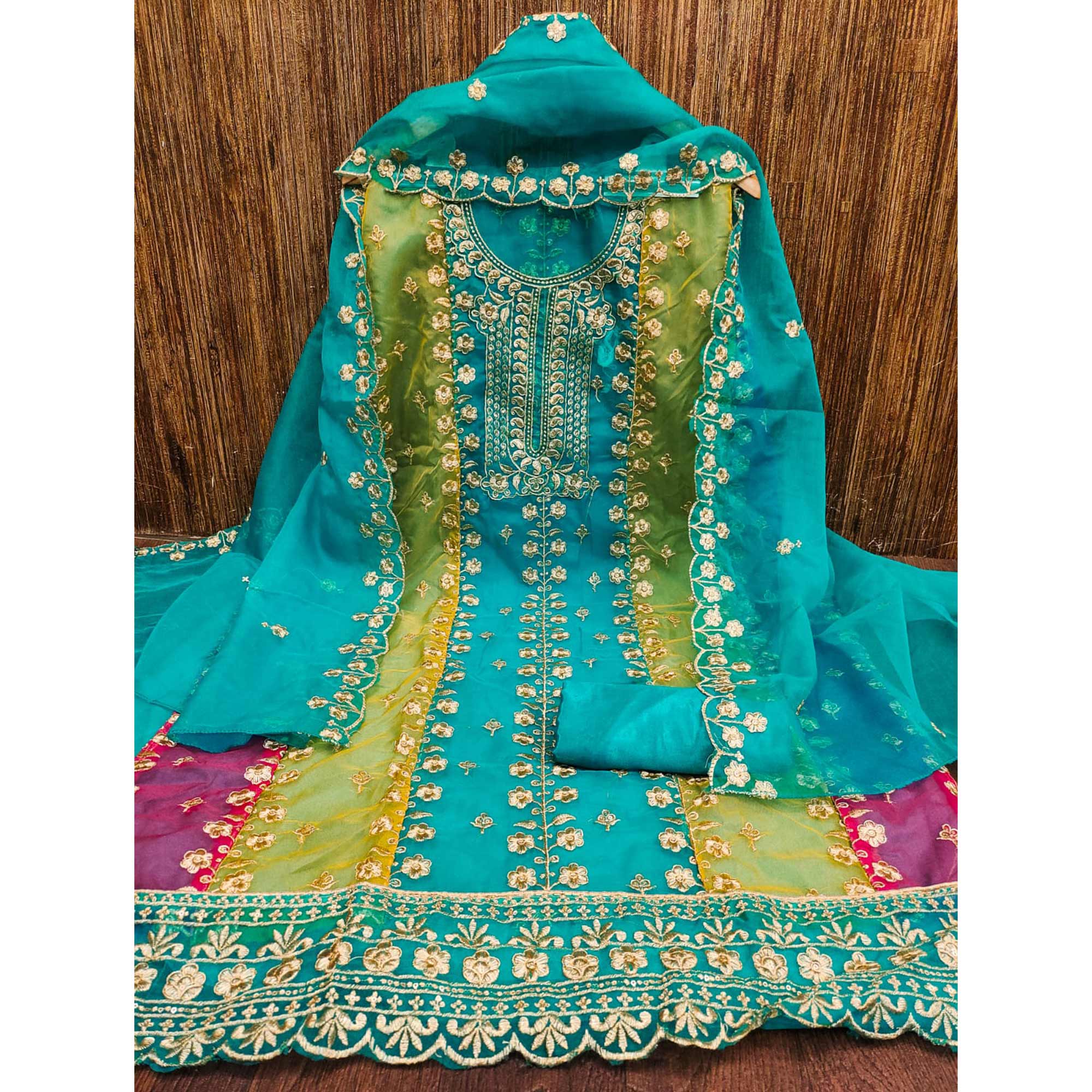 Turquoise Floral Embroidered With Digital Printed Organza Dress Material