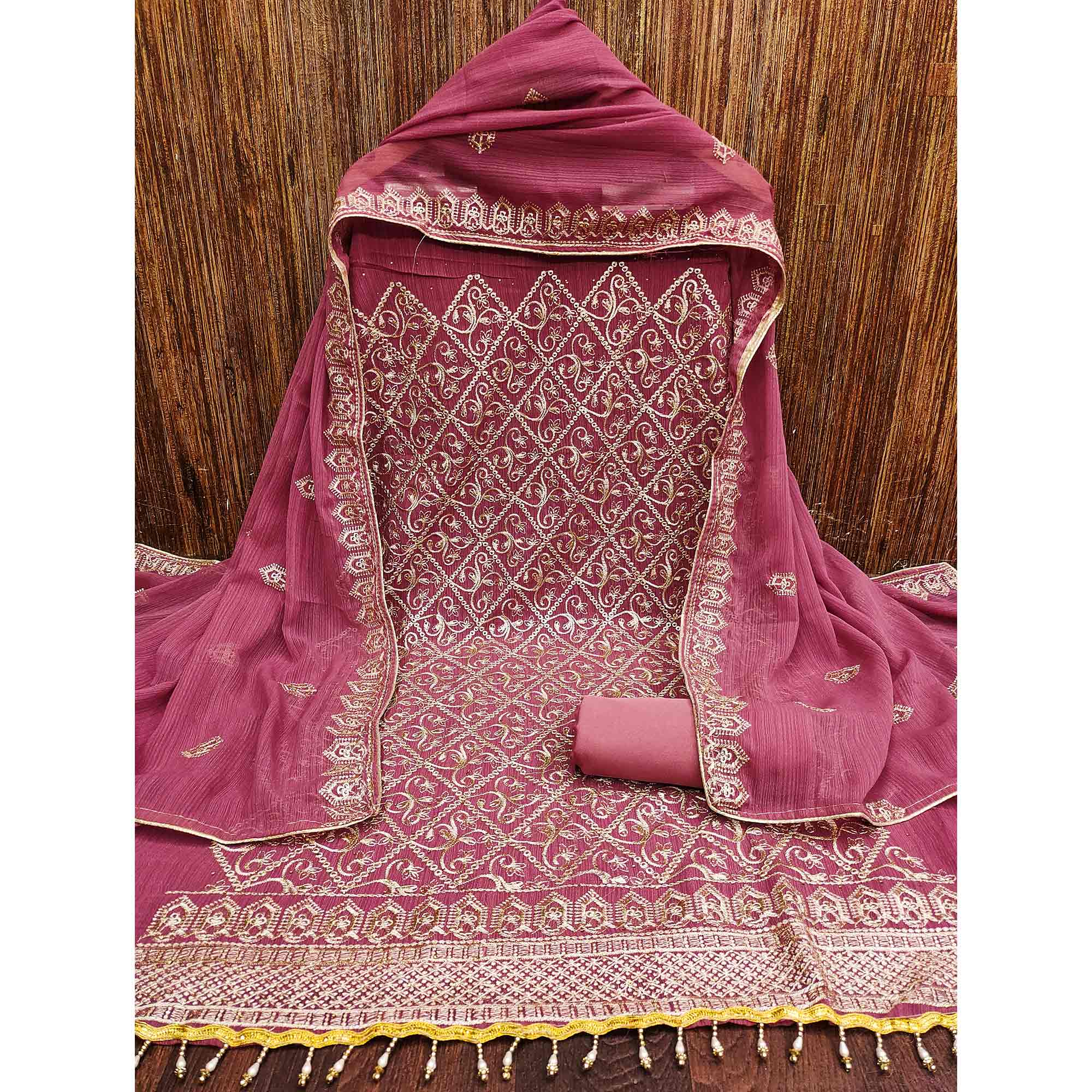 Pink Floral Embroidered Vichitra Silk Dress Material