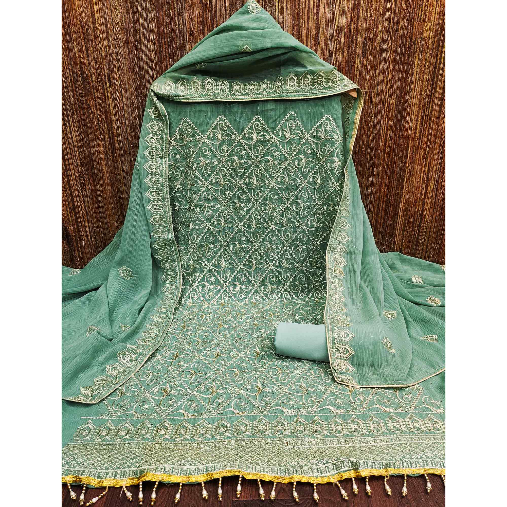 Sea Green Floral Embroidered Vichitra Silk Dress Material
