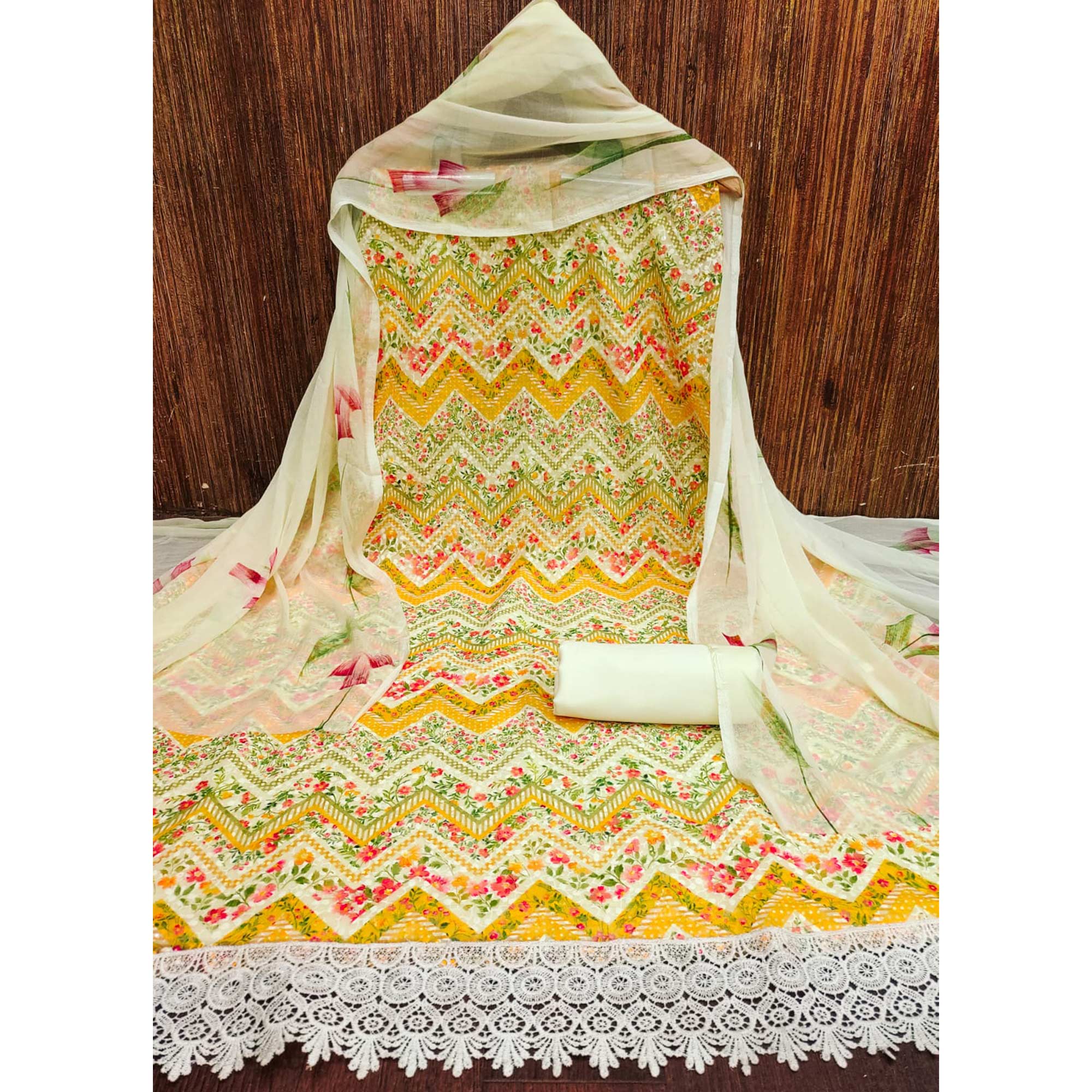 Yellow Schiffli Embroidered With Digital Printed Georgette Dress Material