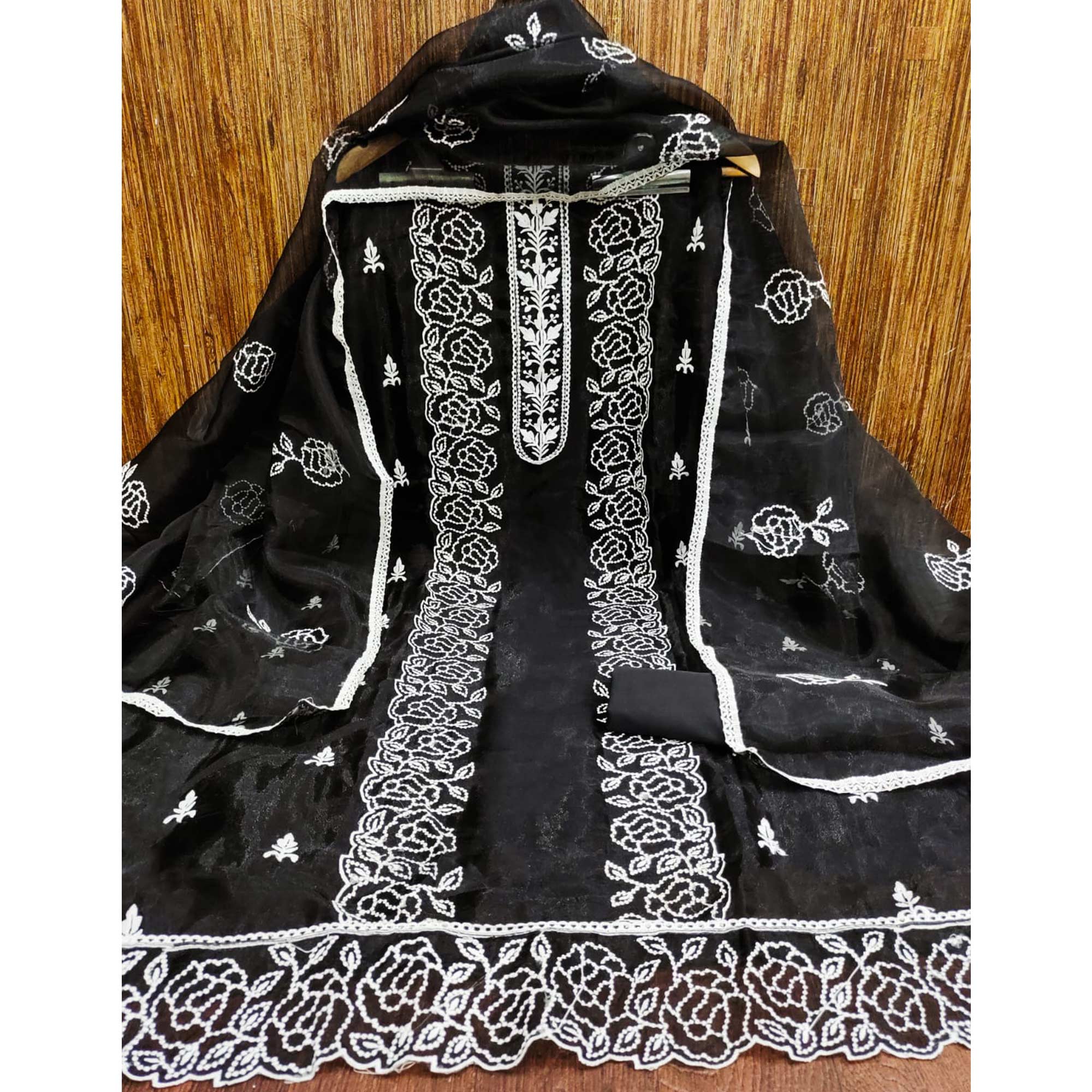 Black Floral Embroidered Organza Dress Material