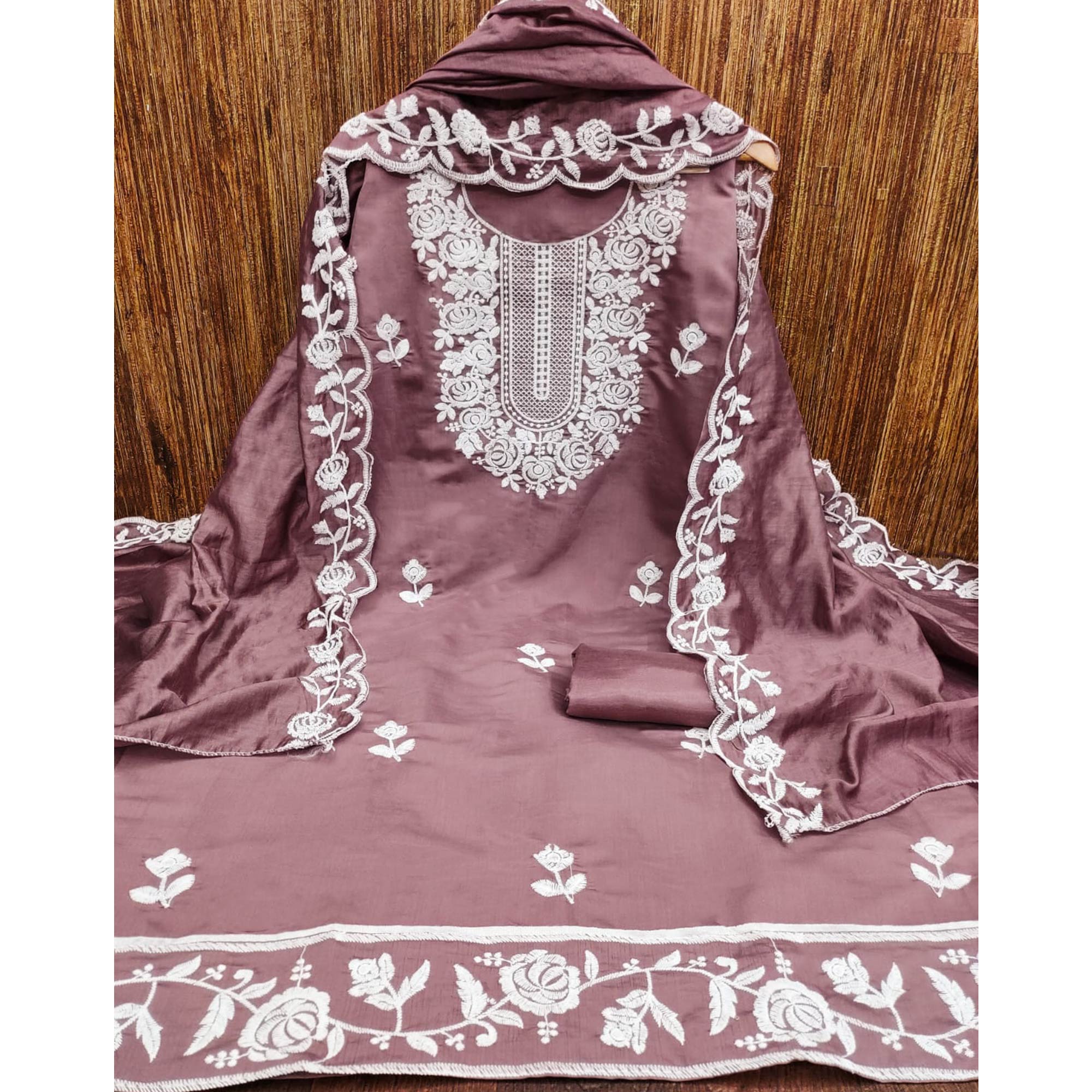Mauve Floral Embroidered Chanderi Dress Material