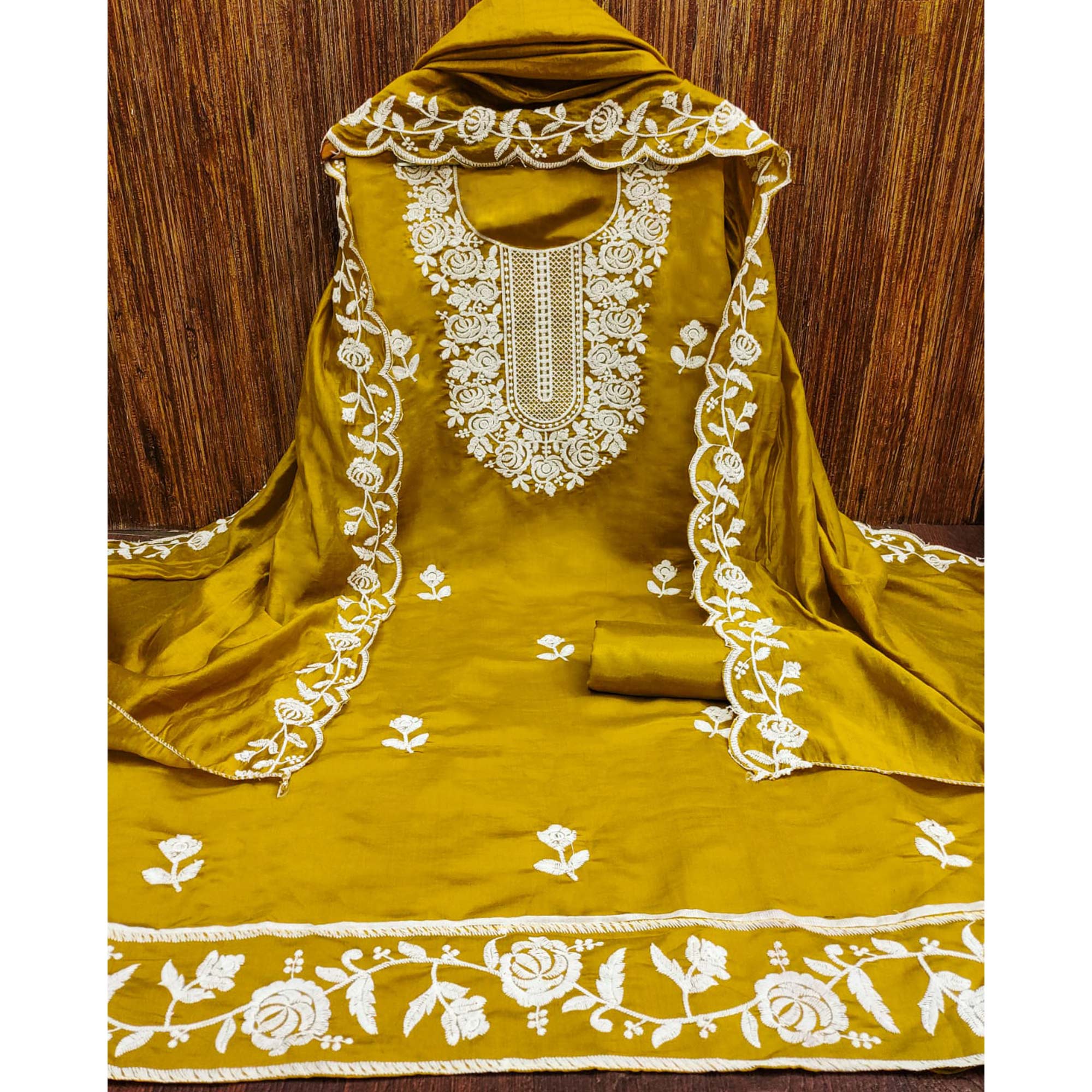 Mustard Floral Embroidered Chanderi Dress Material