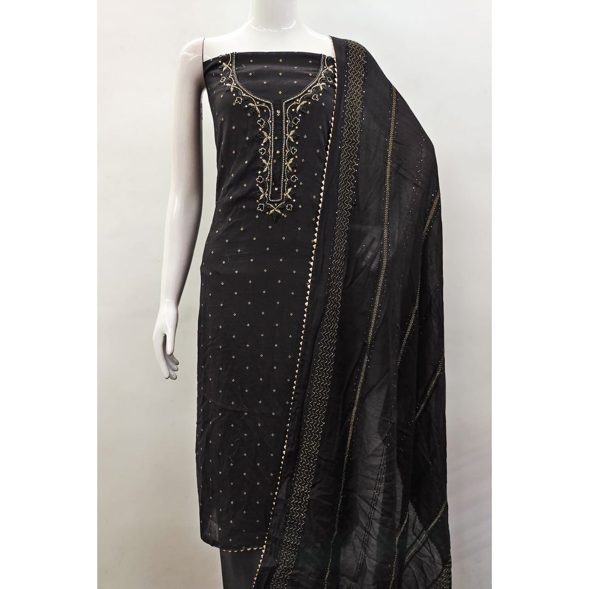 Black Butti With Hand Embroidered Jacquard Dress Material