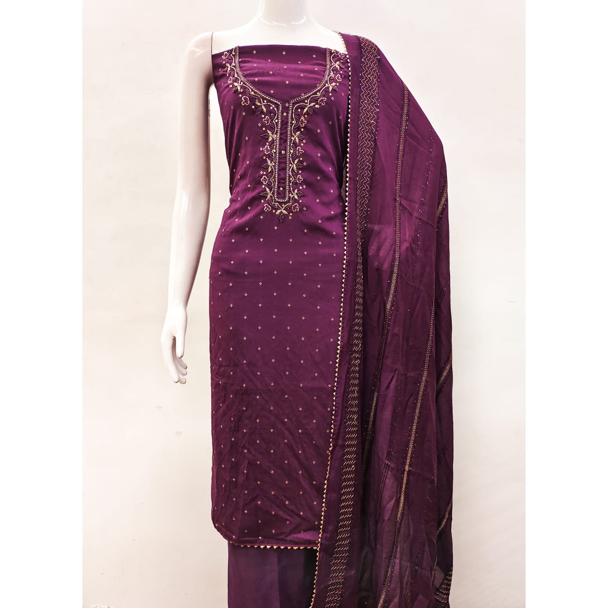 Wine Butti With Hand Embroidered Jacquard Dress Material